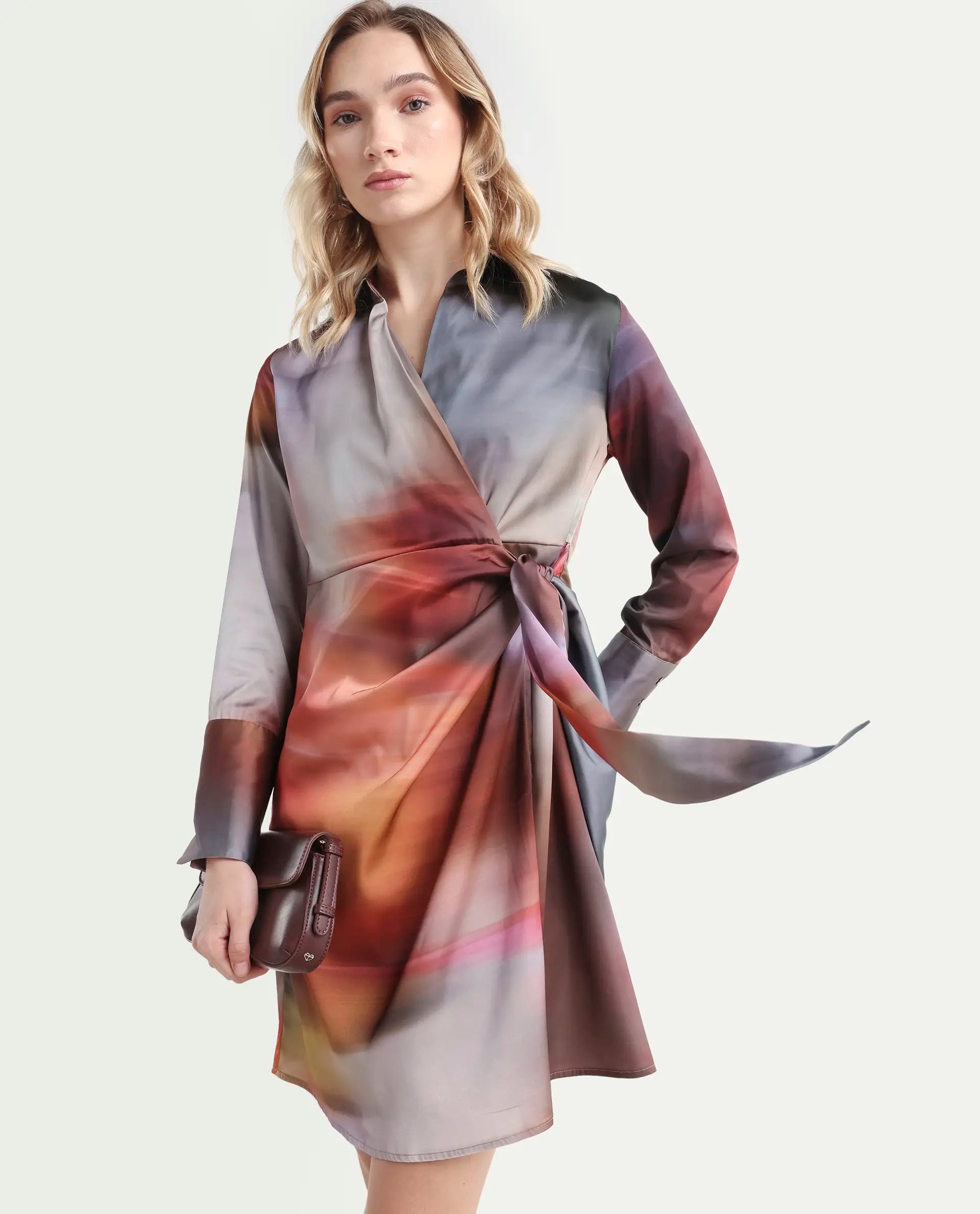 Rareism Women's Jengo Multi Polyester Johnny Collar Straight Fit Dress