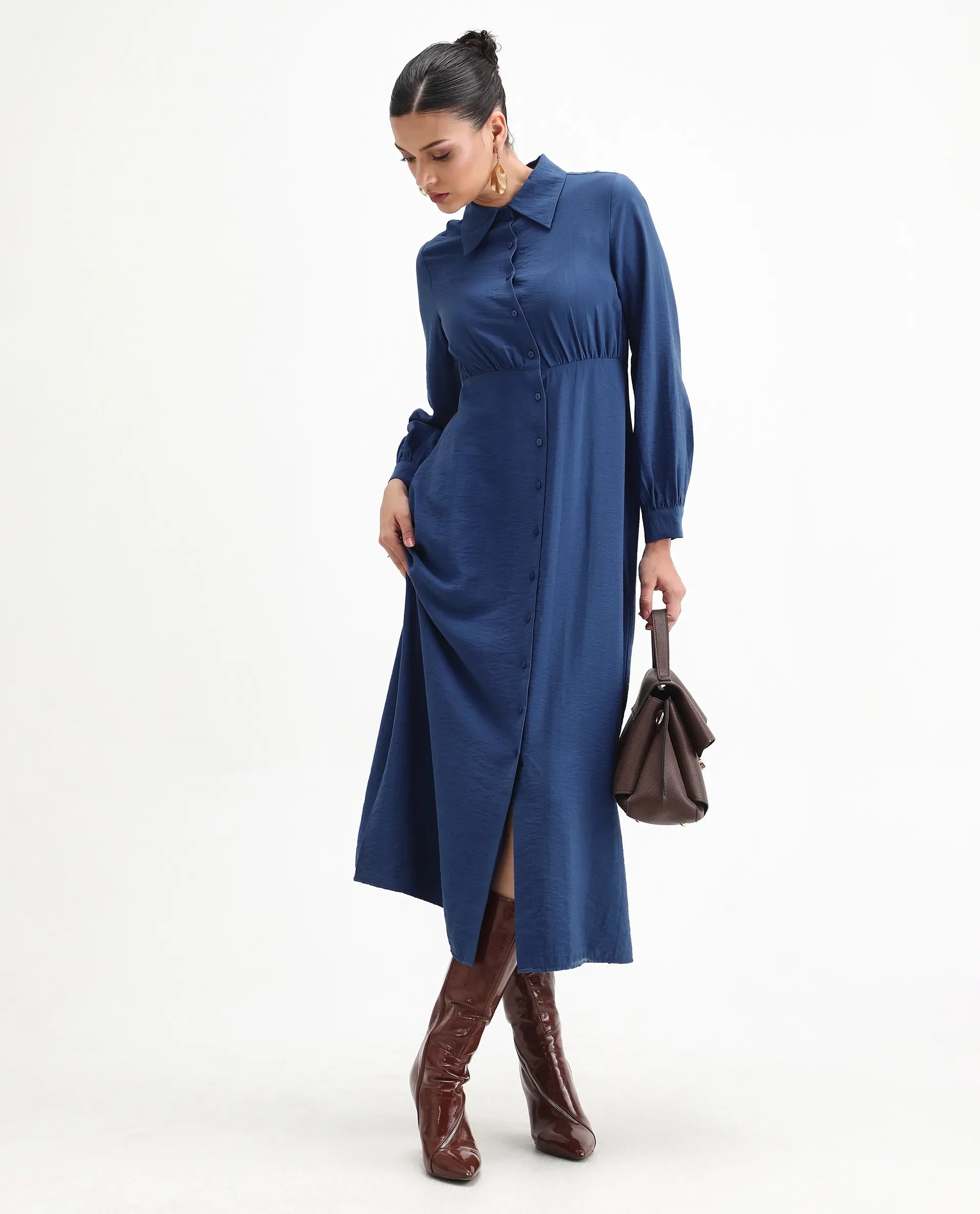 Rareism Women's Jenzif Blue Viscose Blend Collared Neck A-Line Plain Dress