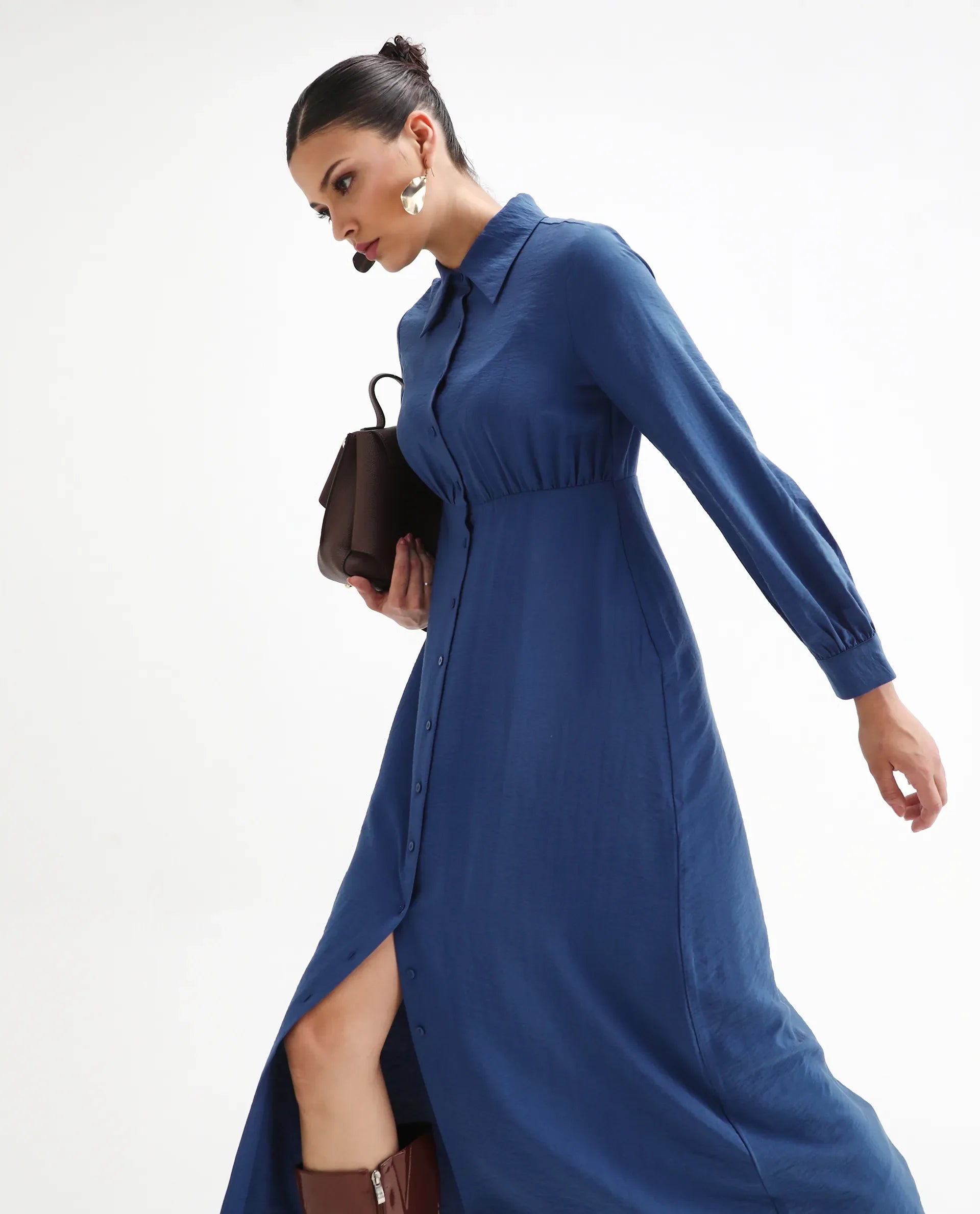 Rareism Women's Jenzif Blue Viscose Blend Collared Neck A-Line Plain Dress
