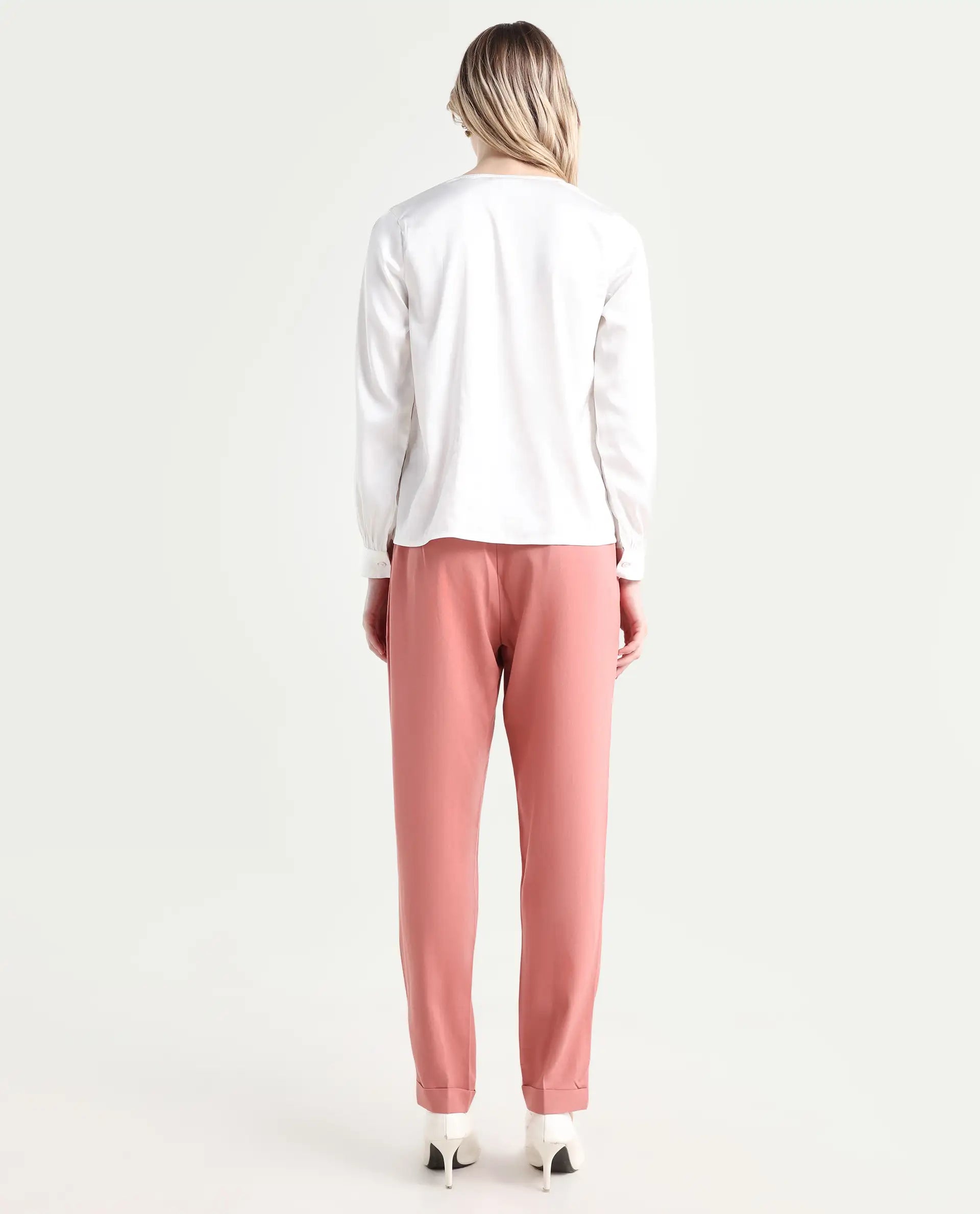 Rareism Women's Jeremiah Peach Polyester Blend Plain Ankle Length Tailored Trouser