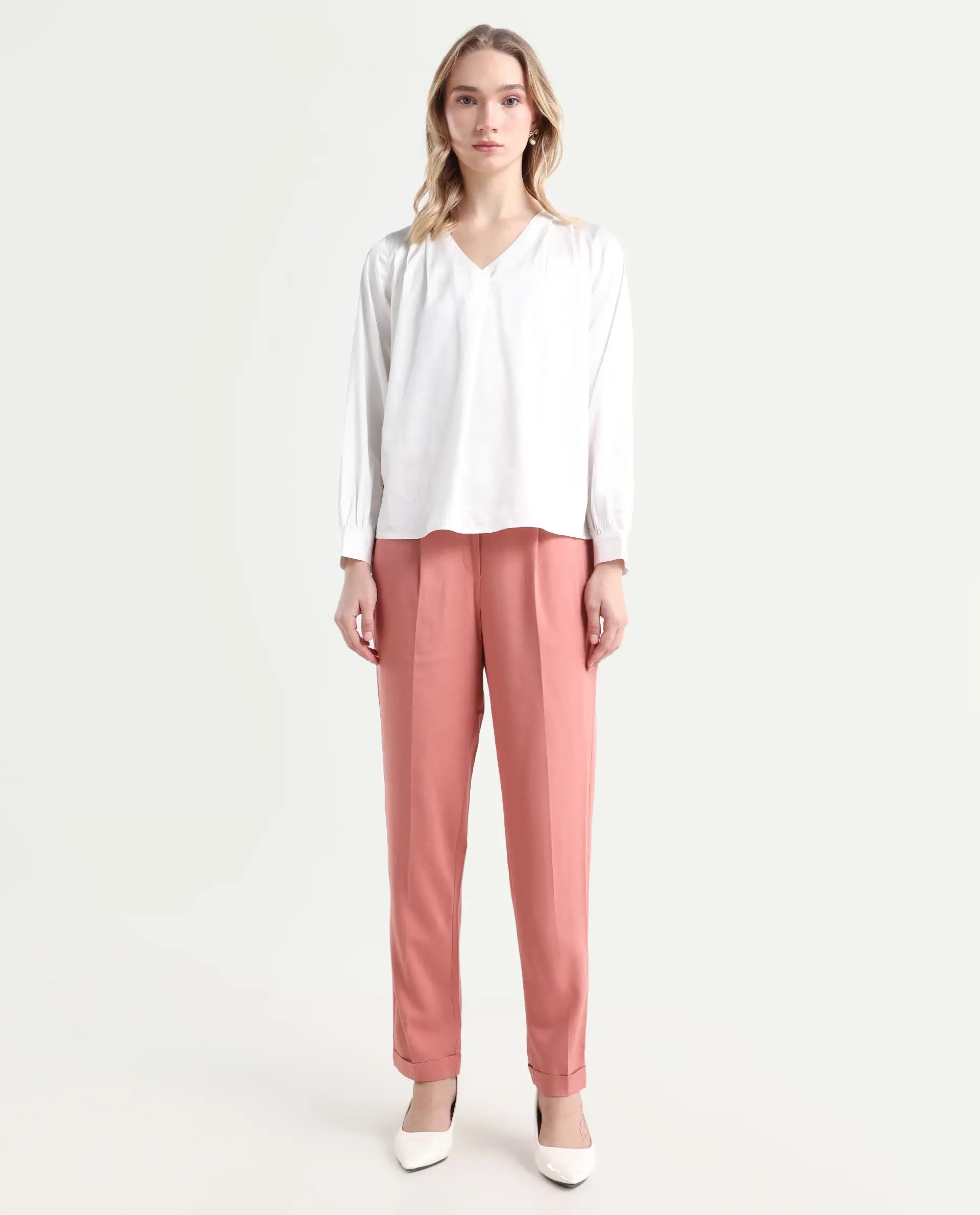 Rareism Women's Jeremiah Peach Polyester Blend Plain Ankle Length Tailored Trouser