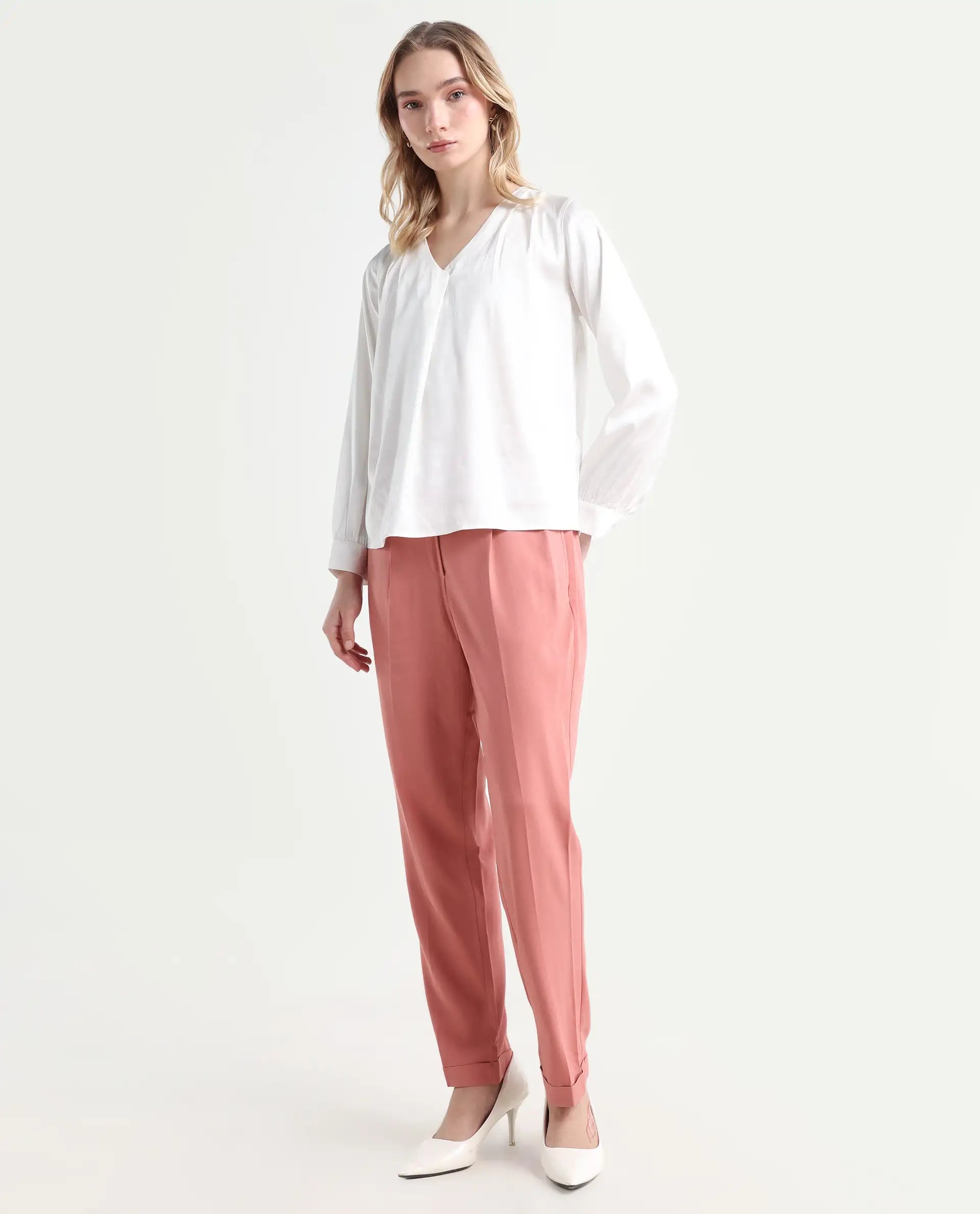 Rareism Women's Jeremiah Peach Polyester Blend Plain Ankle Length Tailored Trouser