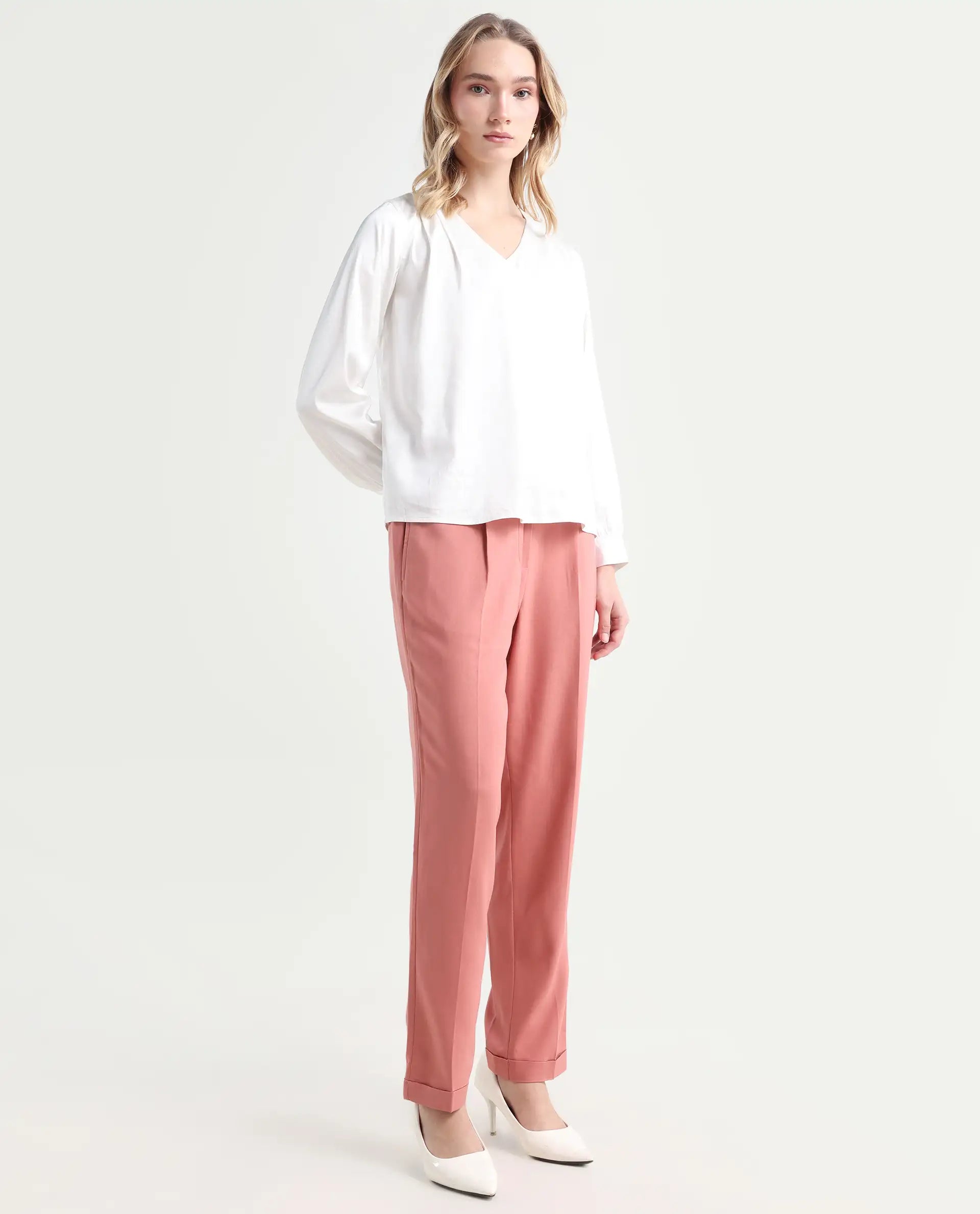 Rareism Women's Jeremiah Peach Polyester Blend Plain Ankle Length Tailored Trouser