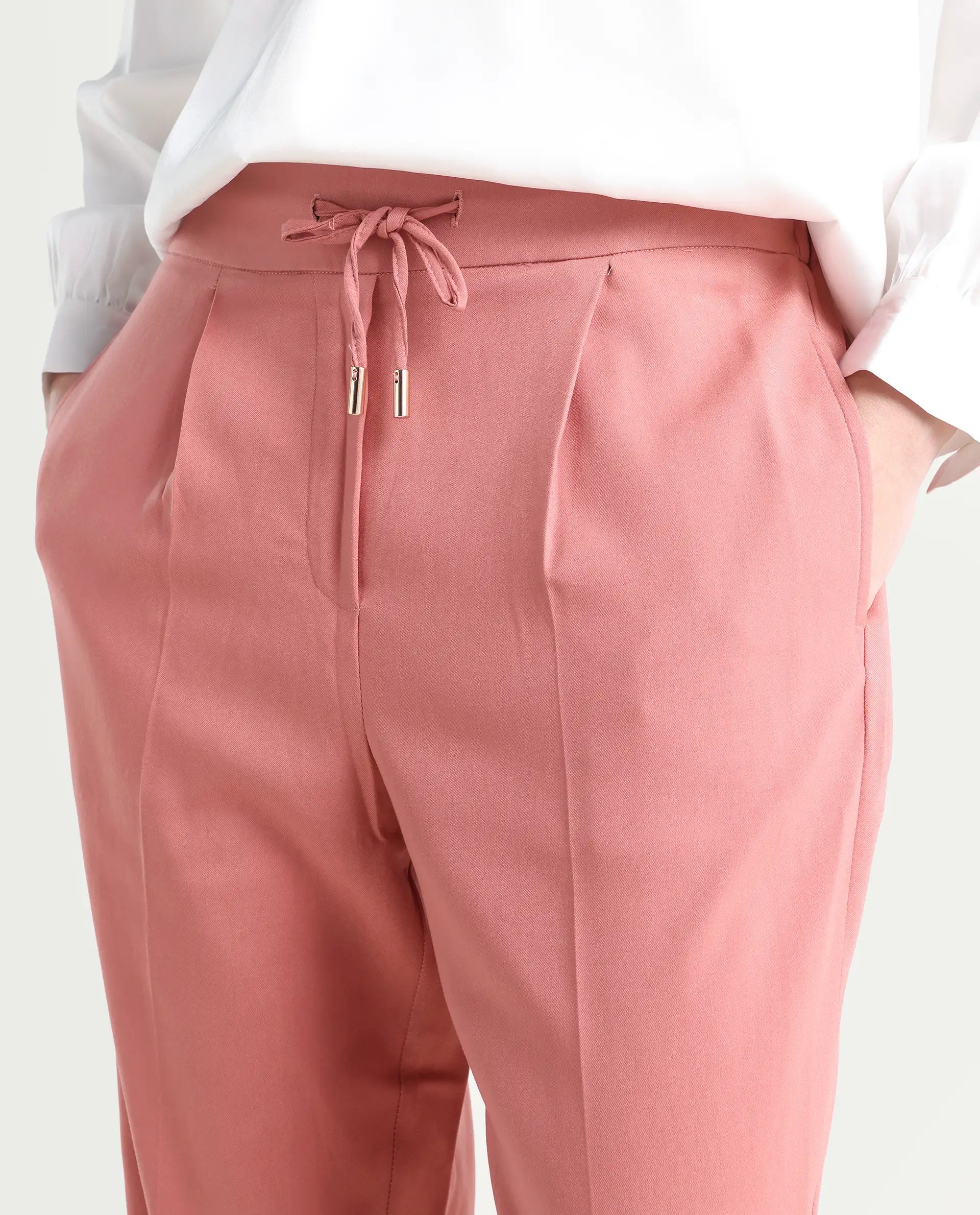Rareism Women's Jeremiah Peach Polyester Blend Plain Ankle Length Tailored Trouser