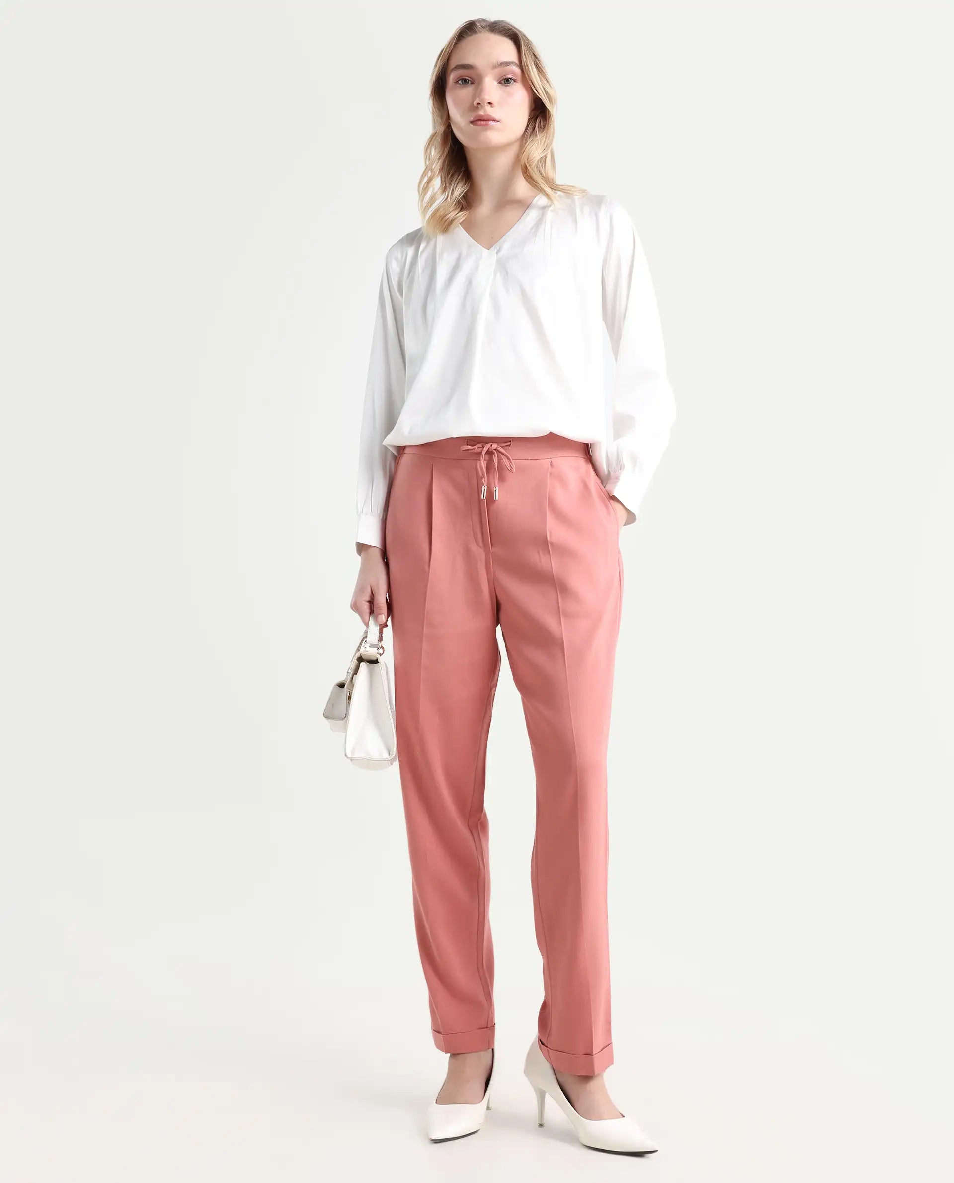 Rareism Women's Jeremiah Peach Polyester Blend Plain Ankle Length Tailored Trouser