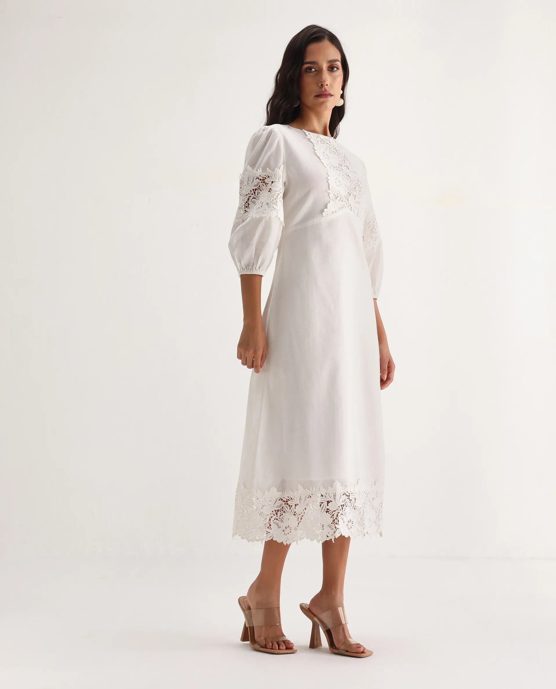 Rareism Women's Jex Off White Cotton Blend Round Neck A-Line Plain Midi Dress