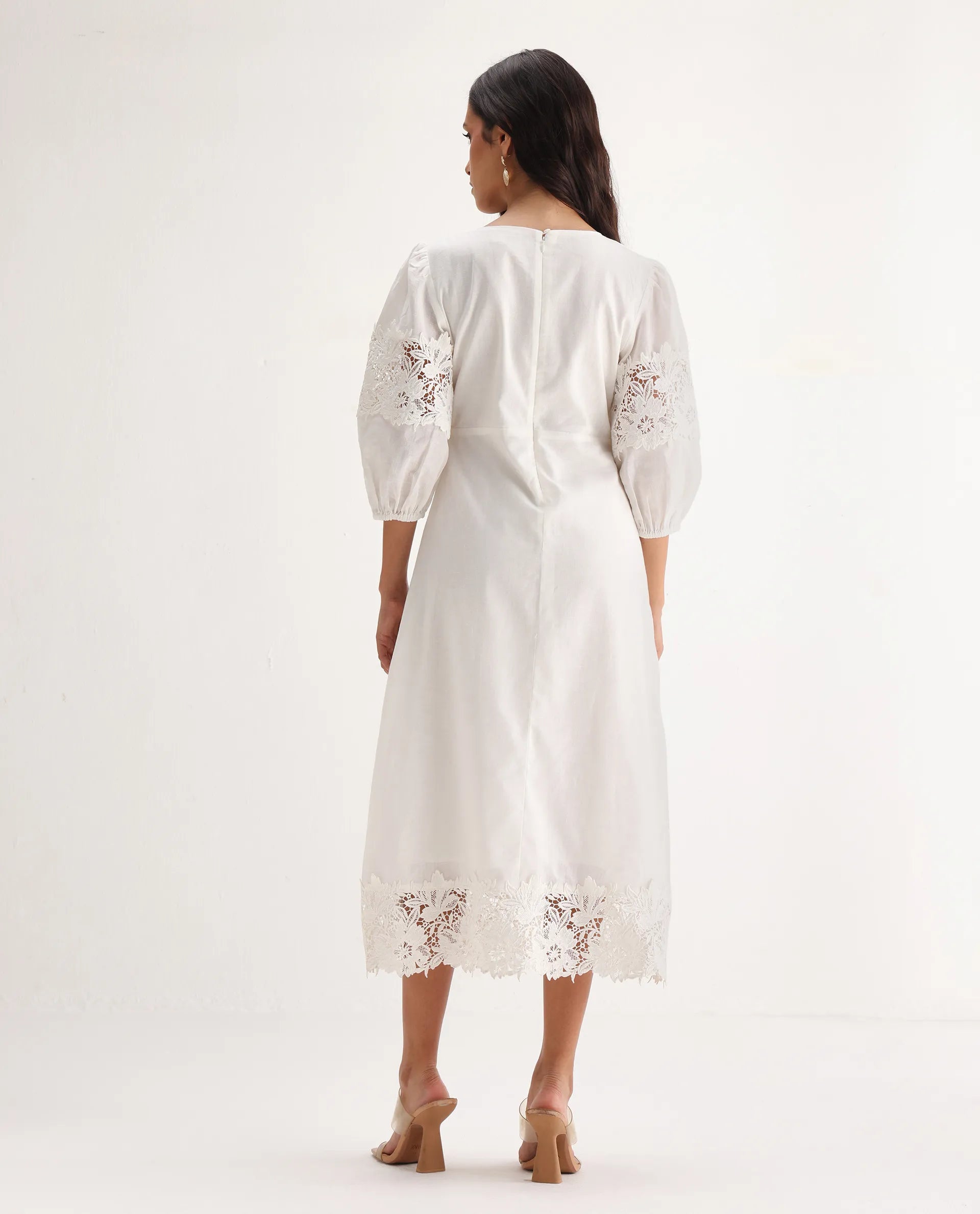 Rareism Women's Jex Off White Cotton Blend Round Neck A-Line Plain Midi Dress