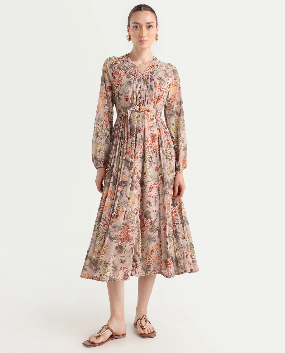 Rareism Women's Jibon Multi Polyester V-Neck Floral Print Midi A-Line Dress
