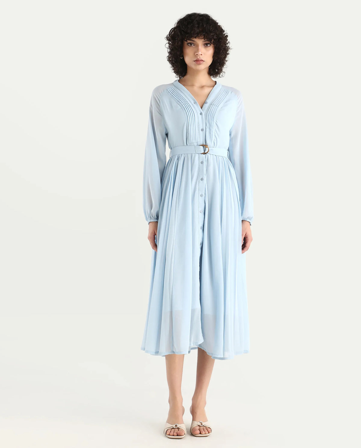 Rareism Women's Jibouti - Light Blue Polyester V-Neck Plain Raglan Sleeve Maxi A-Line Dress