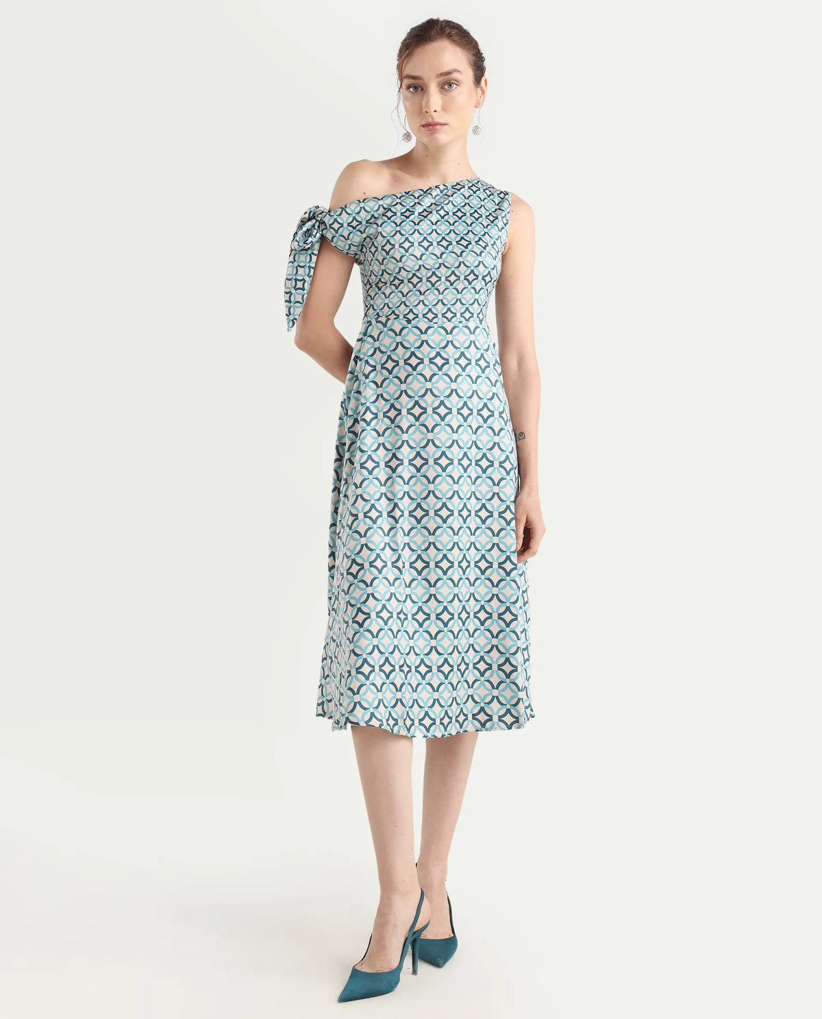 Rareism Women's Jinican Light Multi Satin Asymmetric Neck Geometric Print Tie Up Sleeve Midi Asymmetric Dress