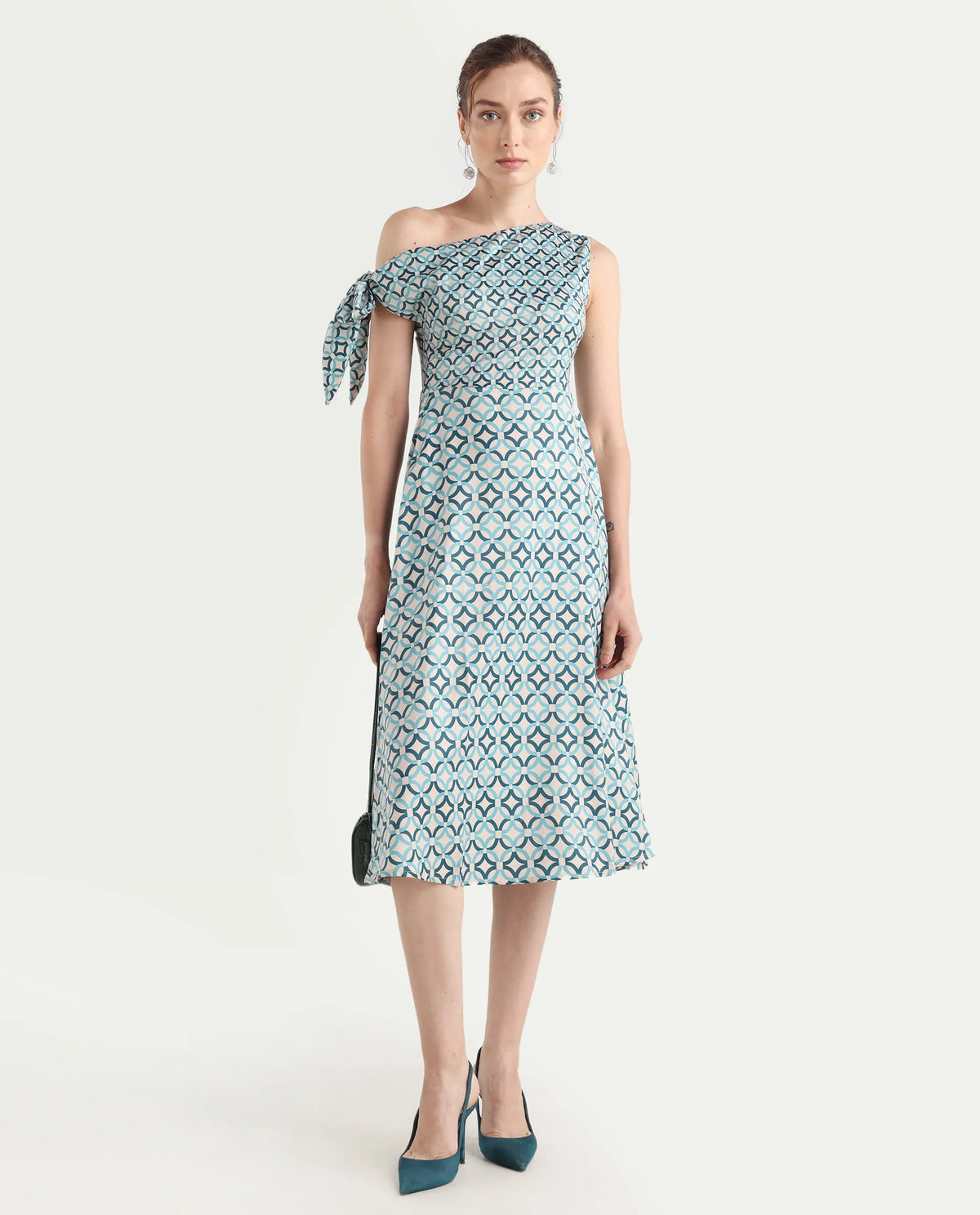 Rareism Women's Jinican Light Multi Satin Asymmetric Neck Geometric Print Tie Up Sleeve Midi Asymmetric Dress