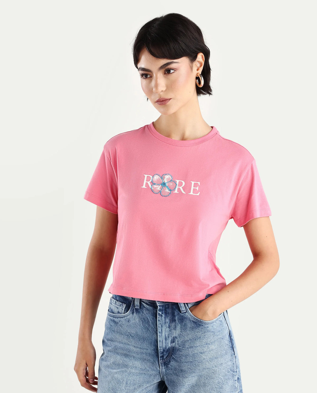Rareism Women's Jiver Light Pink Cotton Blend Crew Neck Graphic Print Crop Relaxed Fit T-Shirt