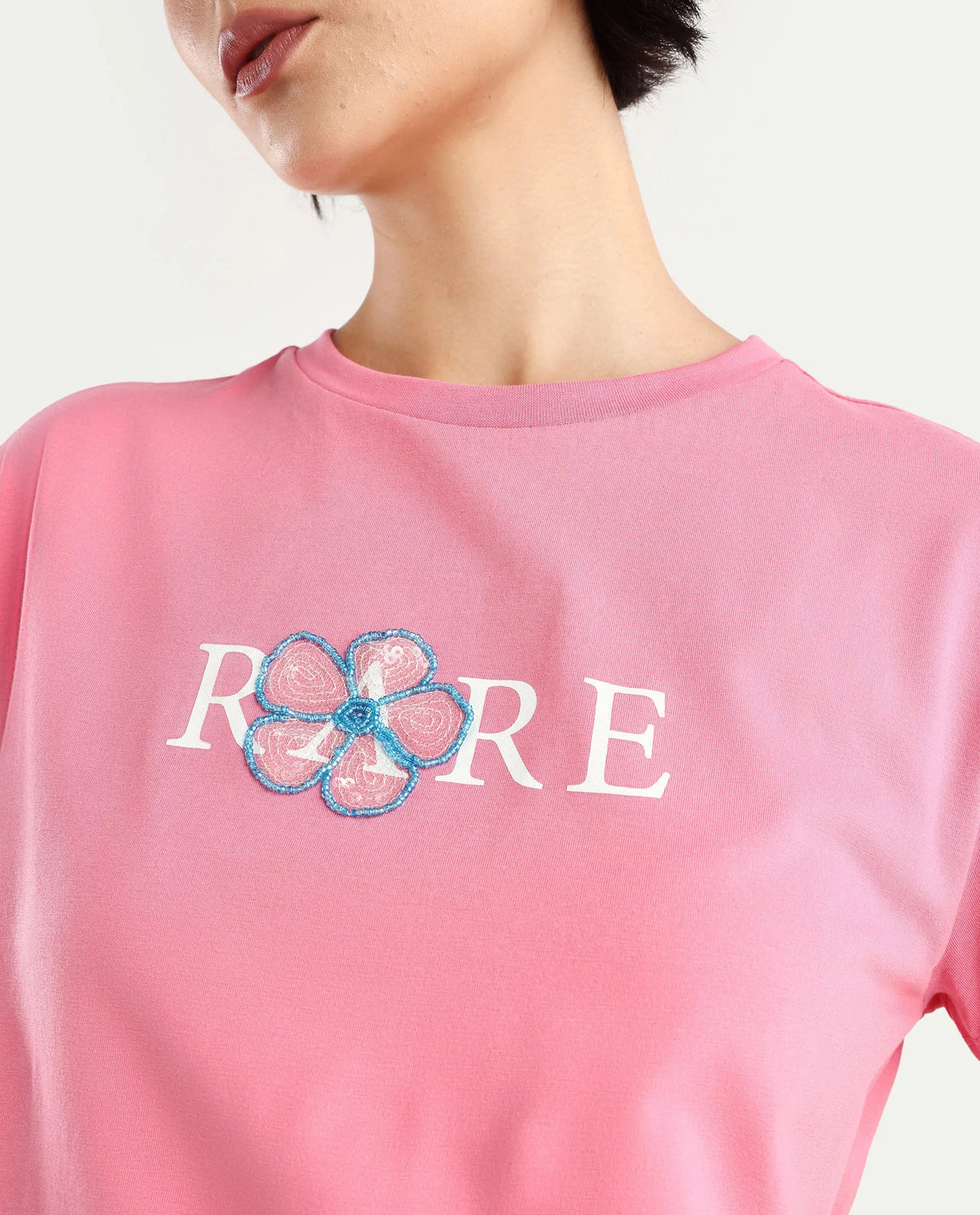 Rareism Women's Jiver Light Pink Cotton Blend Crew Neck Graphic Print Crop Relaxed Fit T-Shirt