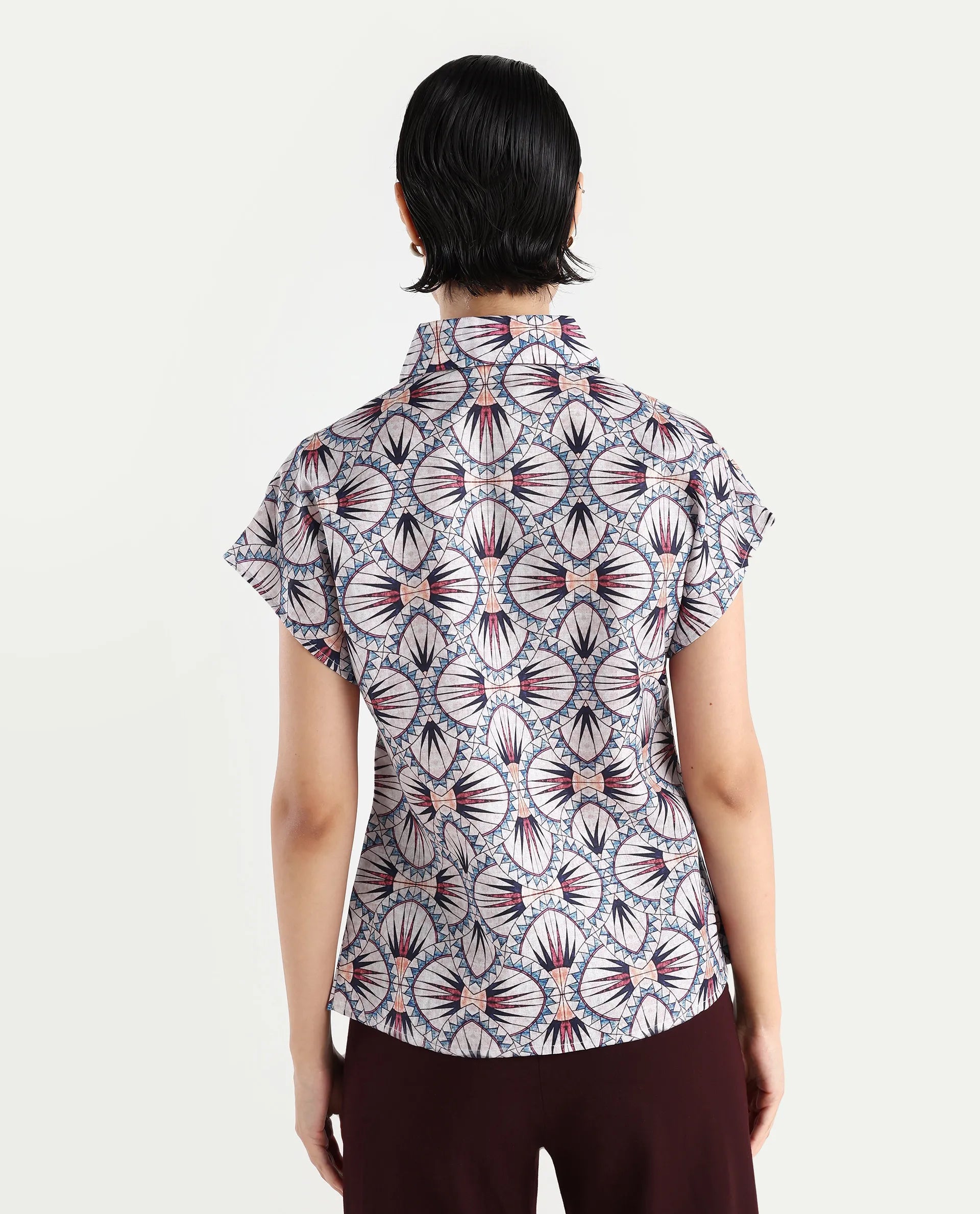 Rareism Women's Joancut Multi Polyester Spread Collar Geometric Print Extended Sleeves Regular Fit Top