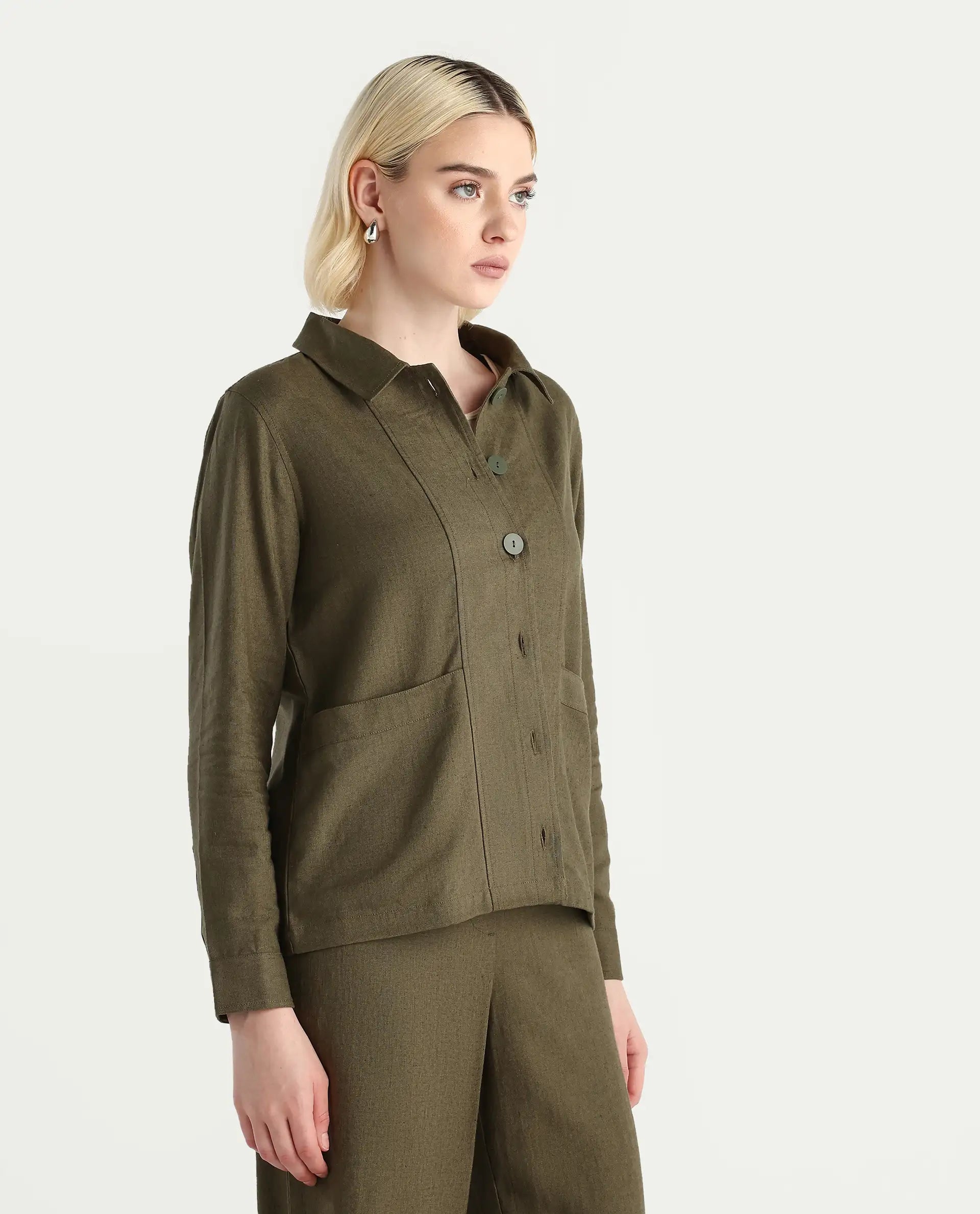 Rareism Women's Jomow-T Olive Linen Blend Collared Neck Regular Plain Shacket