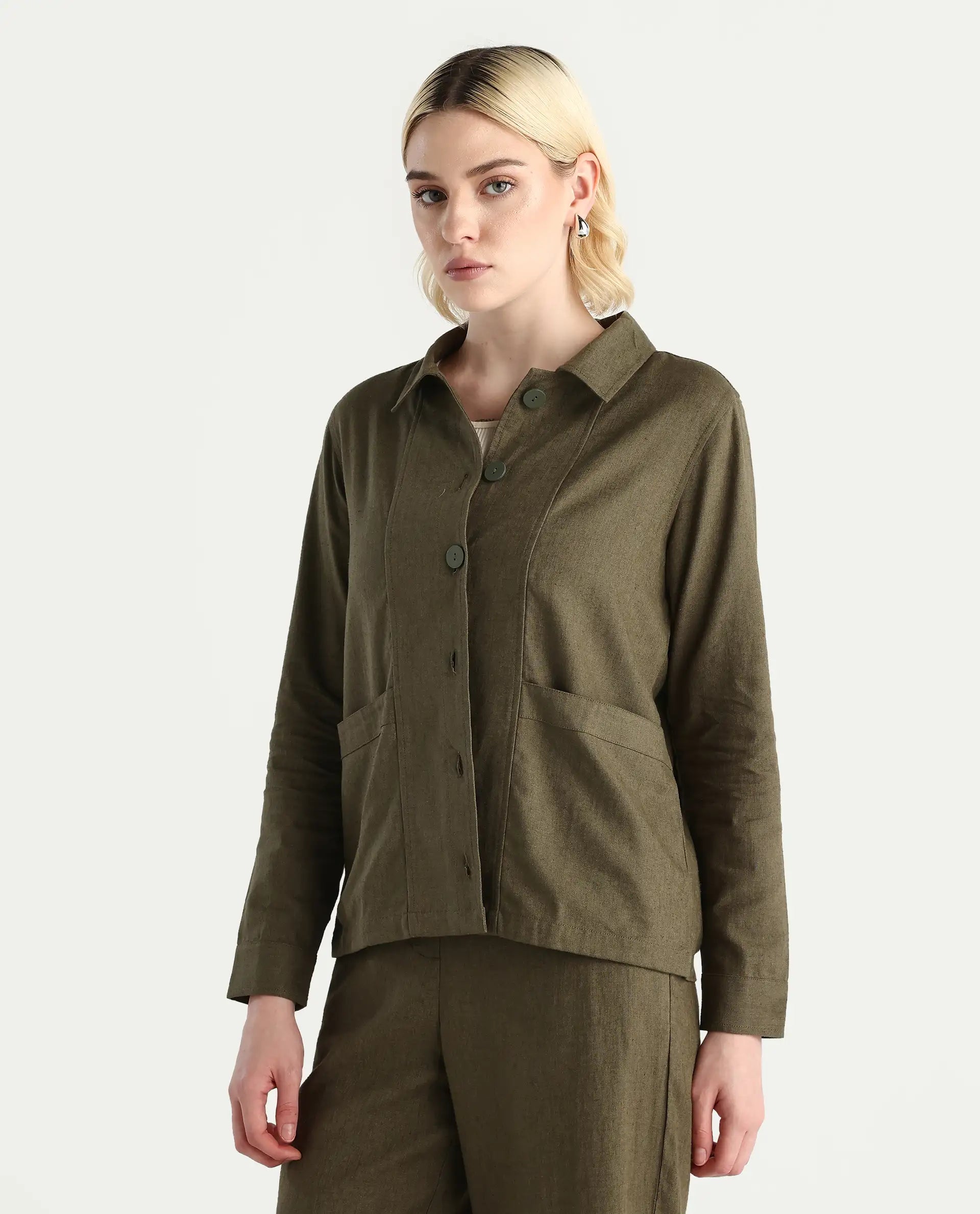 Rareism Women's Jomow-T Olive Linen Blend Collared Neck Regular Plain Shacket