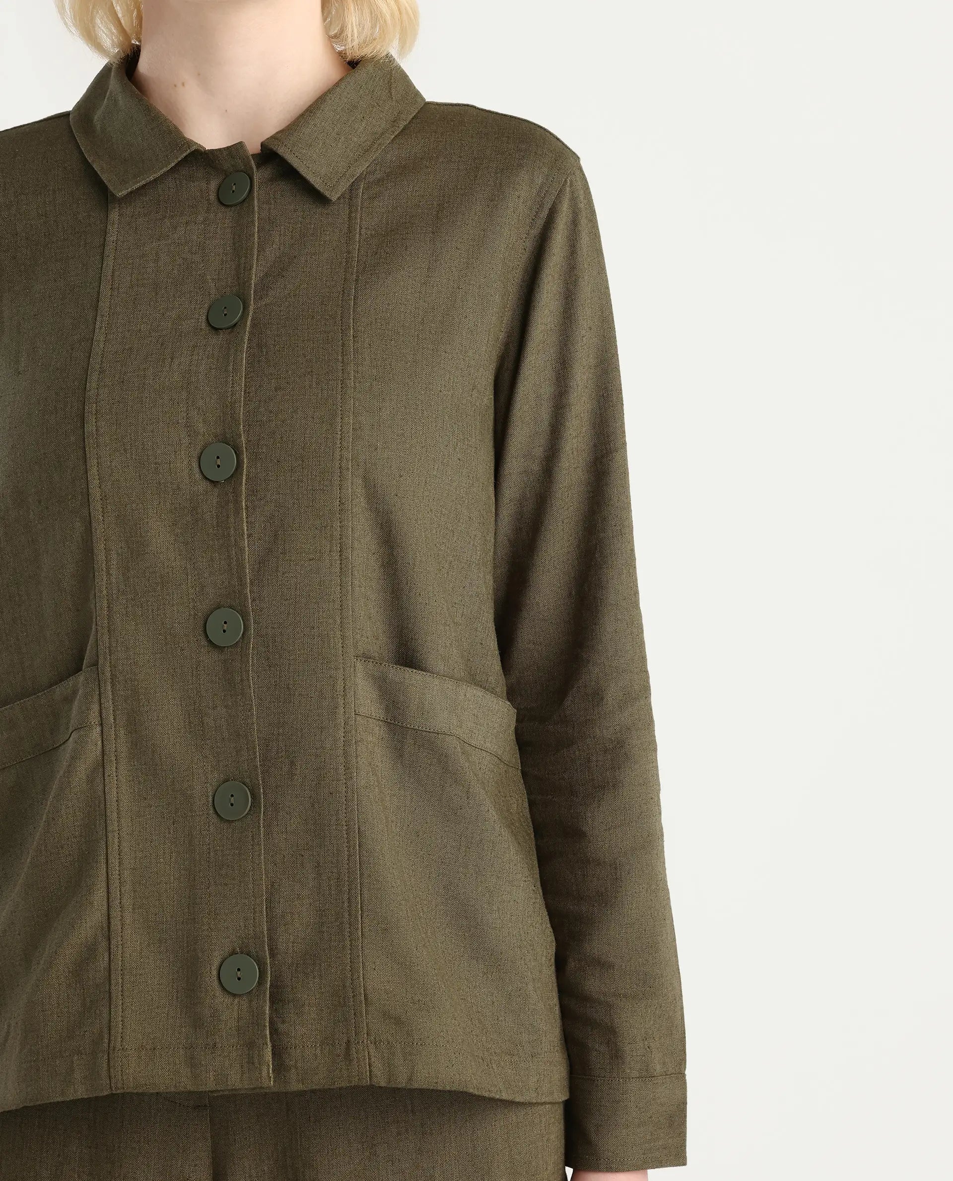 Rareism Women's Jomow-T Olive Linen Blend Collared Neck Regular Plain Shacket