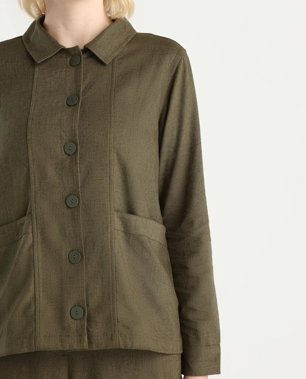 Rareism Women's Jomow-T Olive Linen Blend Collared Neck Regular Plain Shacket