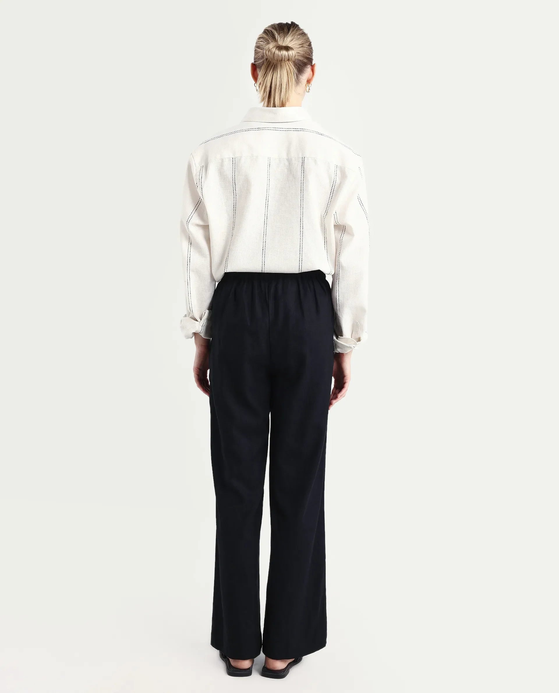 Rareism Women's Jomow-B Black Linen Blend Regular Fit Trouser