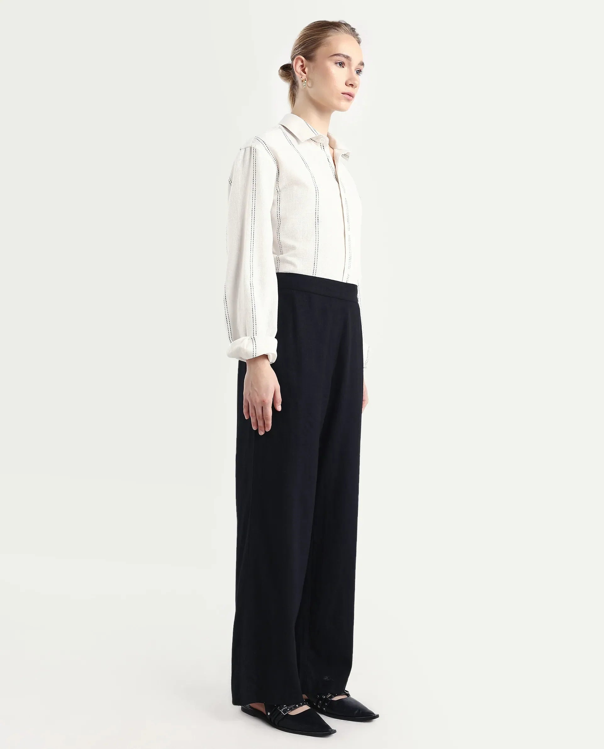 Rareism Women's Jomow-B Black Linen Blend Regular Fit Trouser