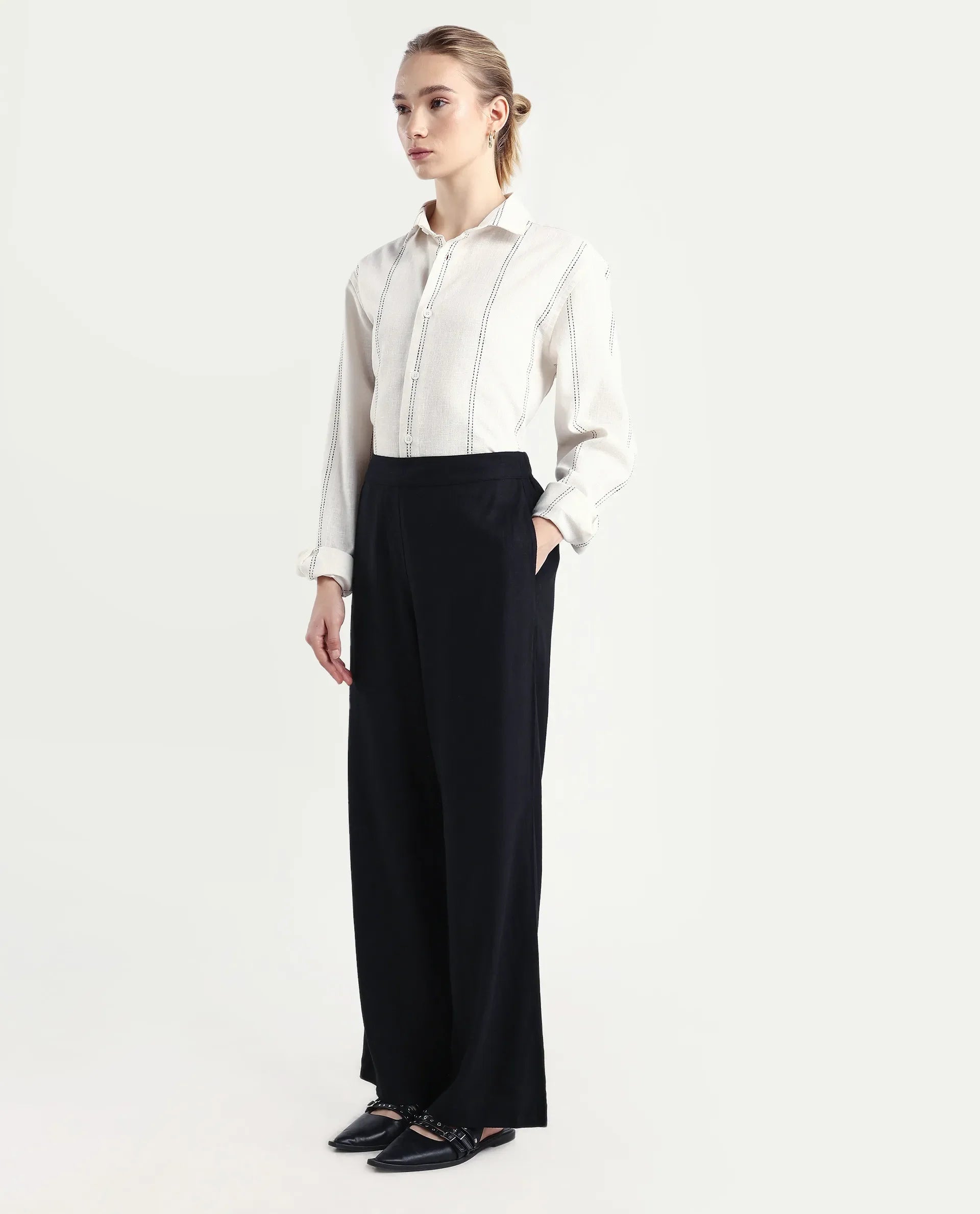 Rareism Women's Jomow-B Black Linen Blend Regular Fit Trouser