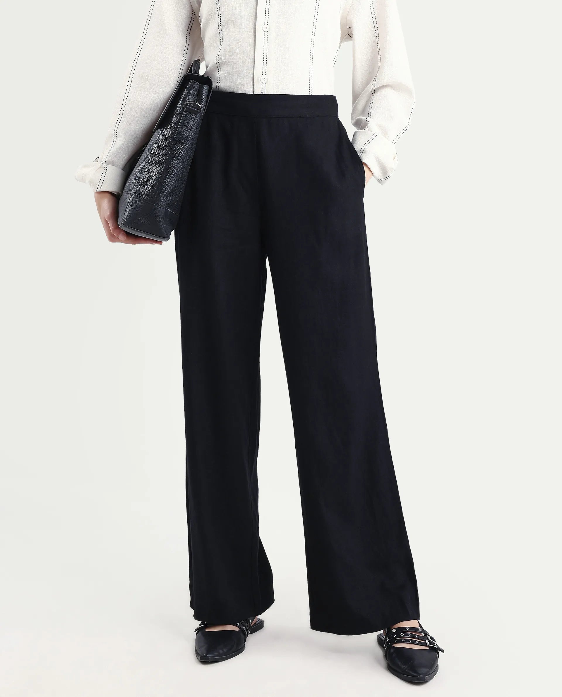 Rareism Women's Jomow-B Black Linen Blend Regular Fit Trouser