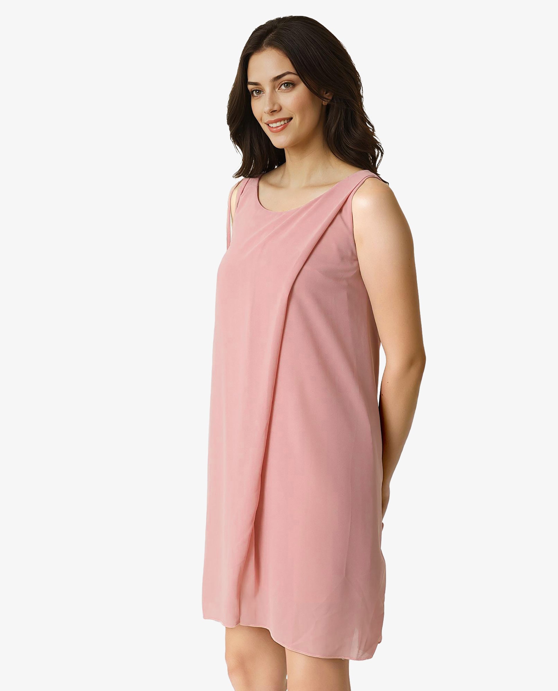 Rareism Women's Jonas Pink Boat Neck Plain Sleeveless Knee Length Regular Fit Dress