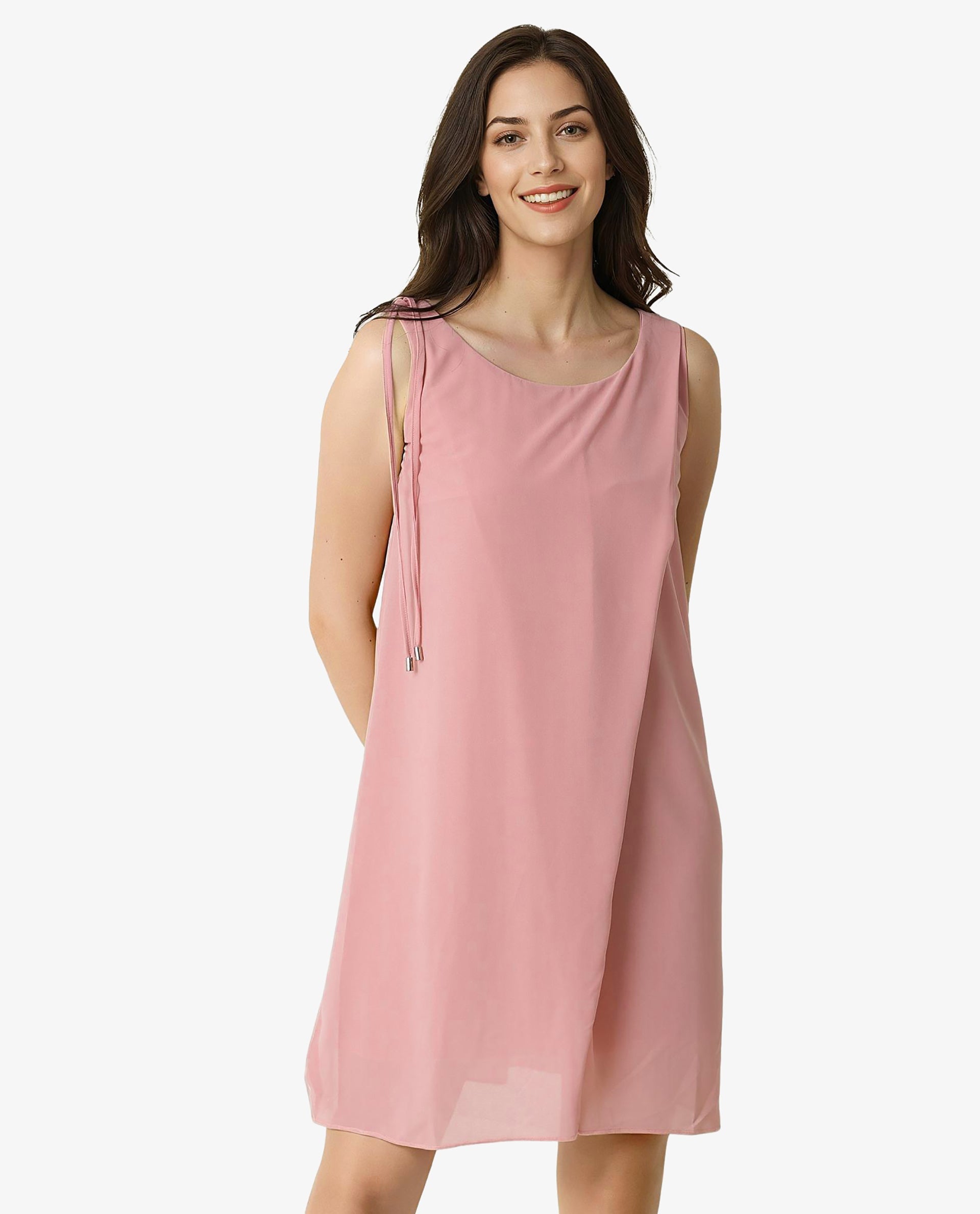 Rareism Women's Jonas Pink Boat Neck Plain Sleeveless Knee Length Regular Fit Dress