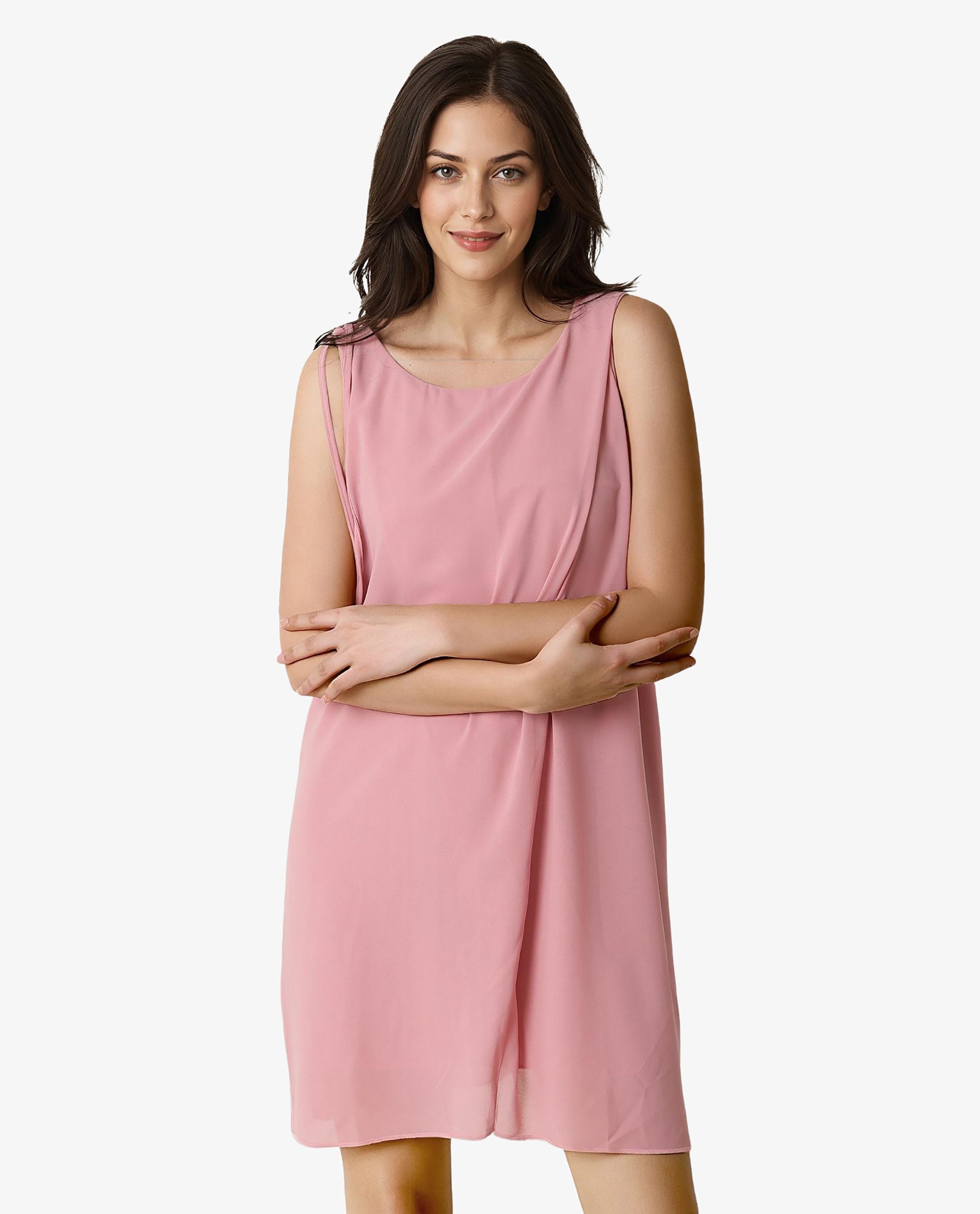 Rareism Women's Jonas Pink Boat Neck Plain Sleeveless Knee Length Regular Fit Dress