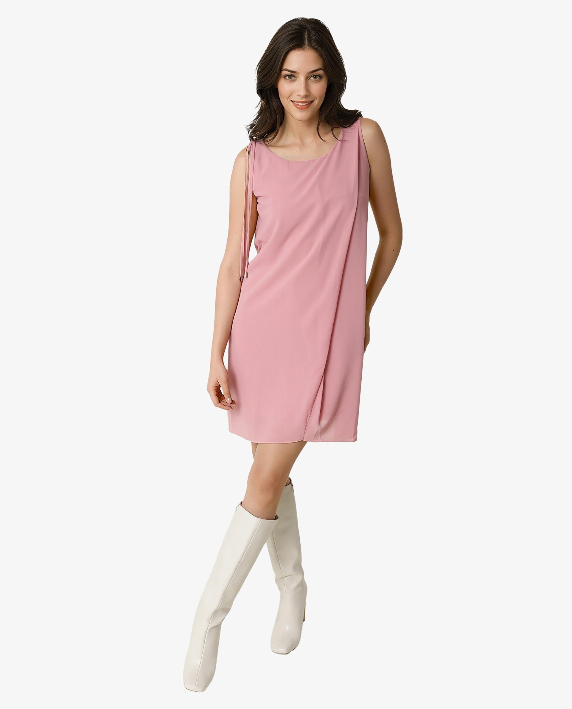Rareism Women's Jonas Pink Boat Neck Plain Sleeveless Knee Length Regular Fit Dress