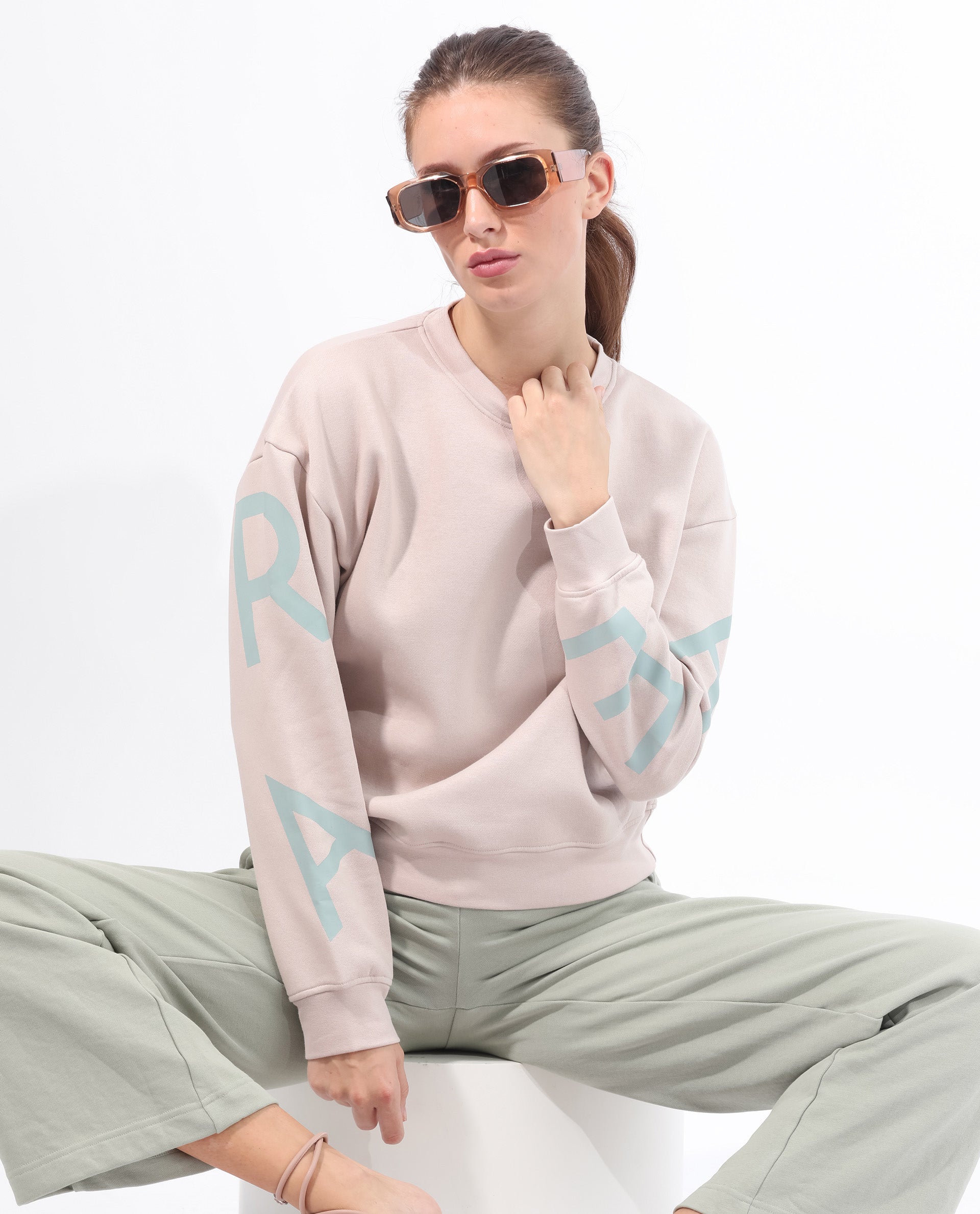 Rareism Articale Women Joni Beige Poly Cotton Fabric Full Sleeves Crew Neck Regular Fit Graphic Print Sweatshirt