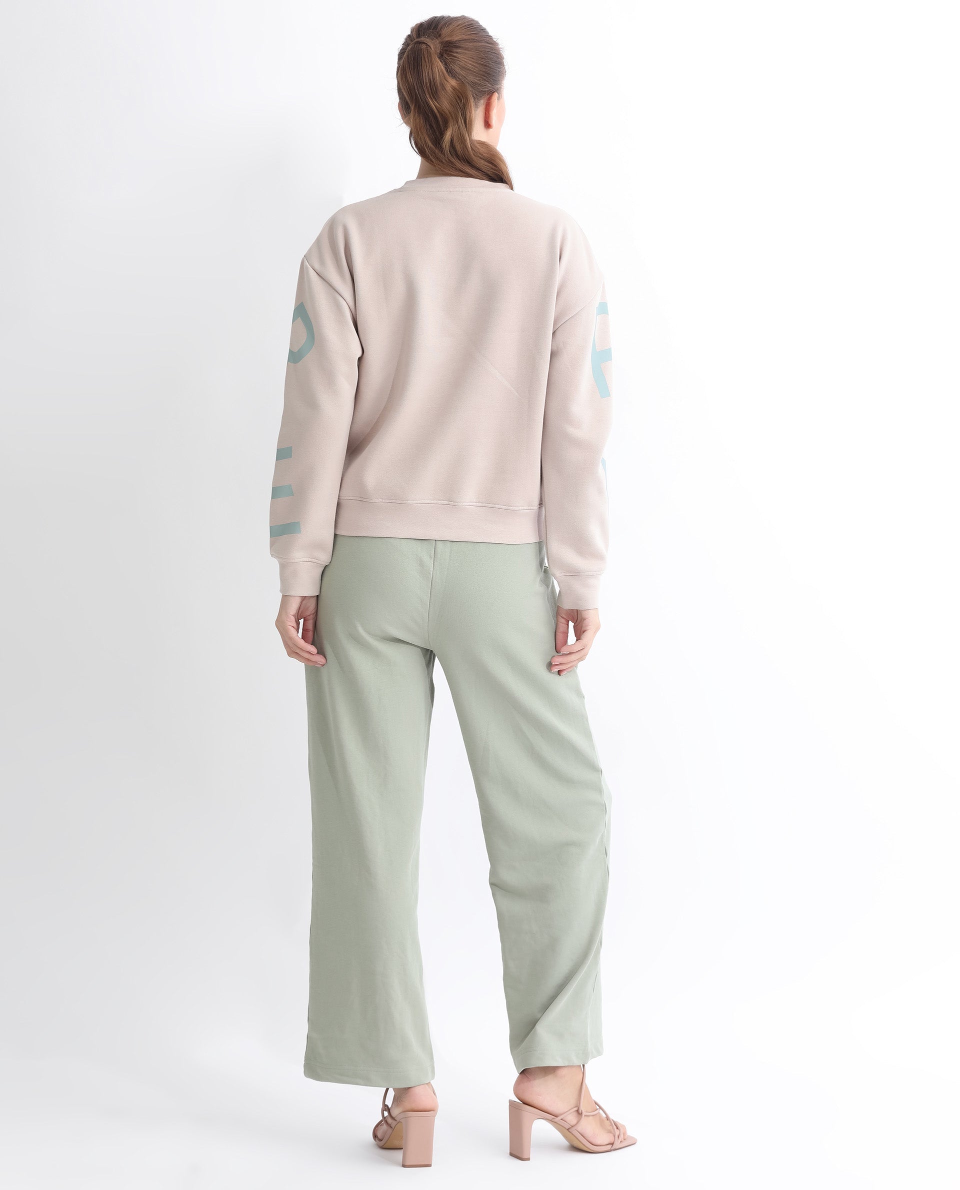 Rareism Women's Joni Beige Polyester Blend Crew Neck Graphic Print Regular Fit Sweatshirt