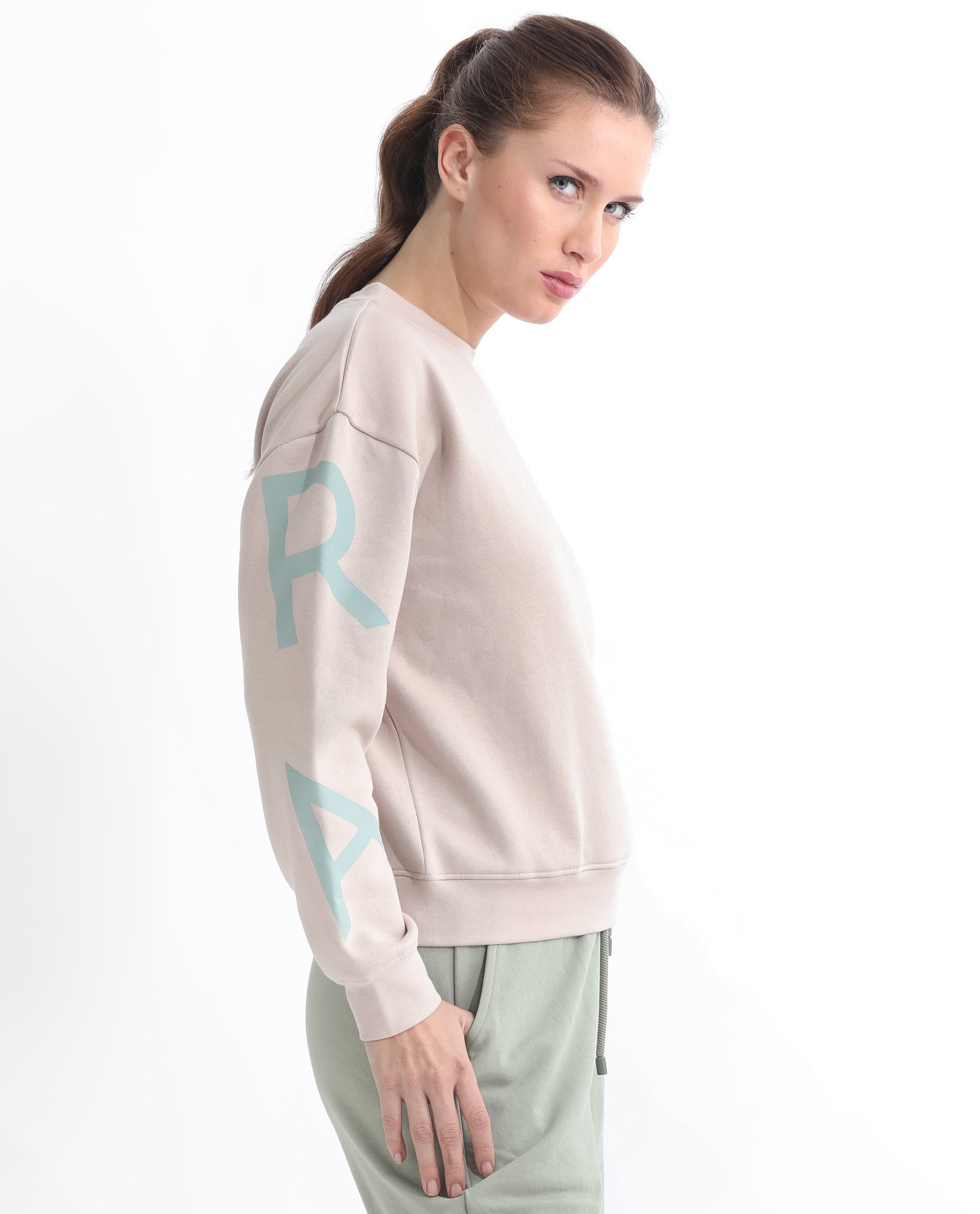 Rareism Articale Women Joni Beige Poly Cotton Fabric Full Sleeves Crew Neck Regular Fit Graphic Print Sweatshirt