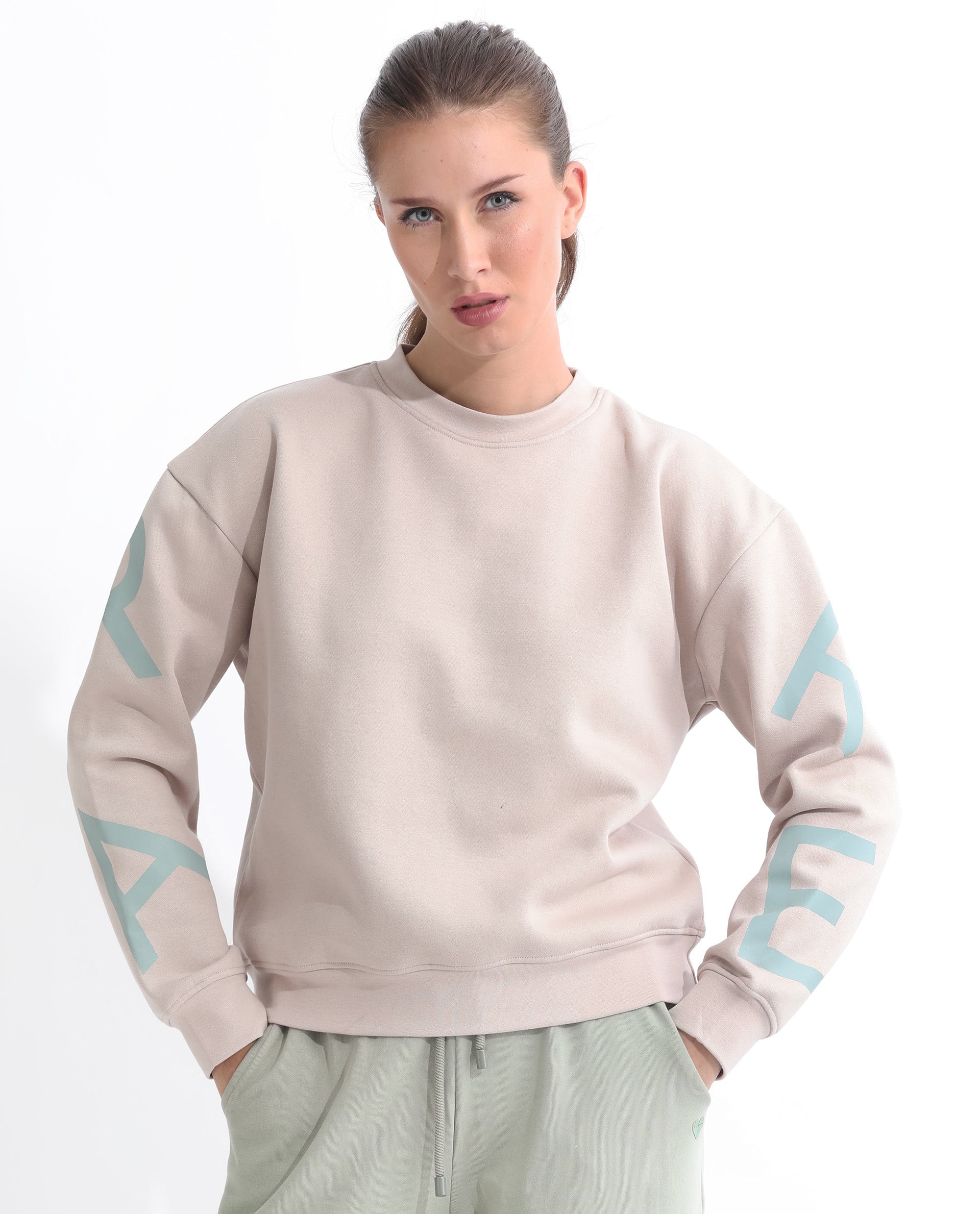Rareism Articale Women Joni Beige Poly Cotton Fabric Full Sleeves Crew Neck Regular Fit Graphic Print Sweatshirt
