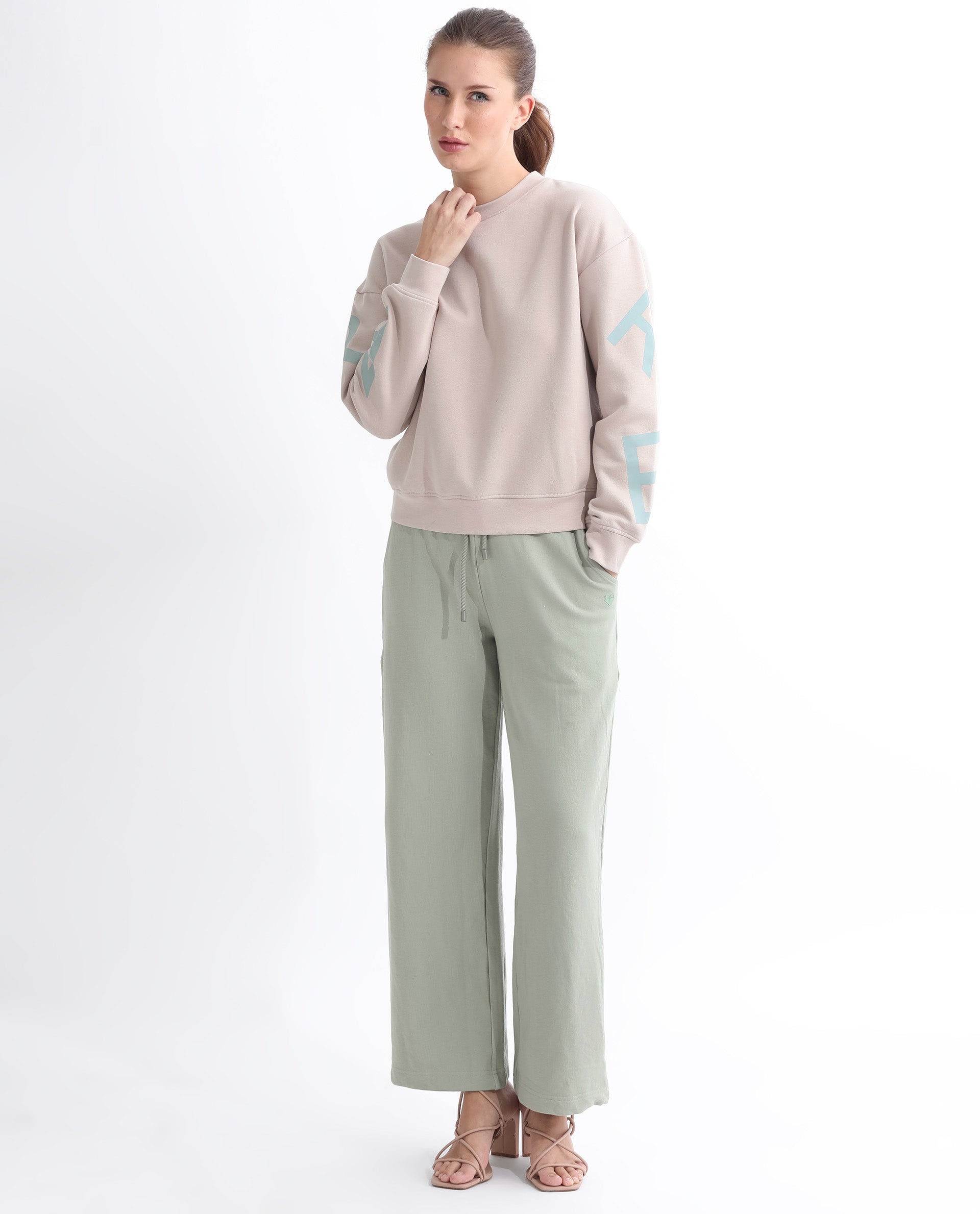 Rareism Articale Women Joni Beige Poly Cotton Fabric Full Sleeves Crew Neck Regular Fit Graphic Print Sweatshirt