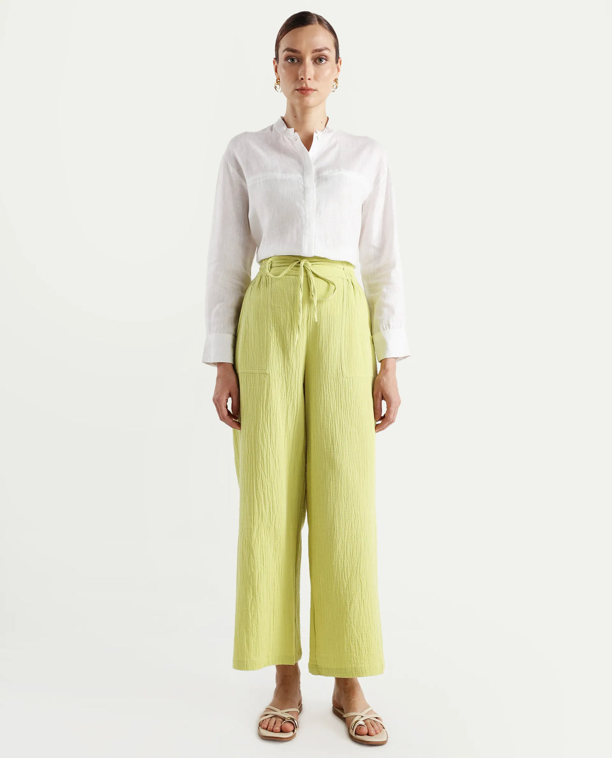 Rareism Women's Jorden B Flouroscent Cotton Blend Plain Ankle Length Wide Leg Trouser