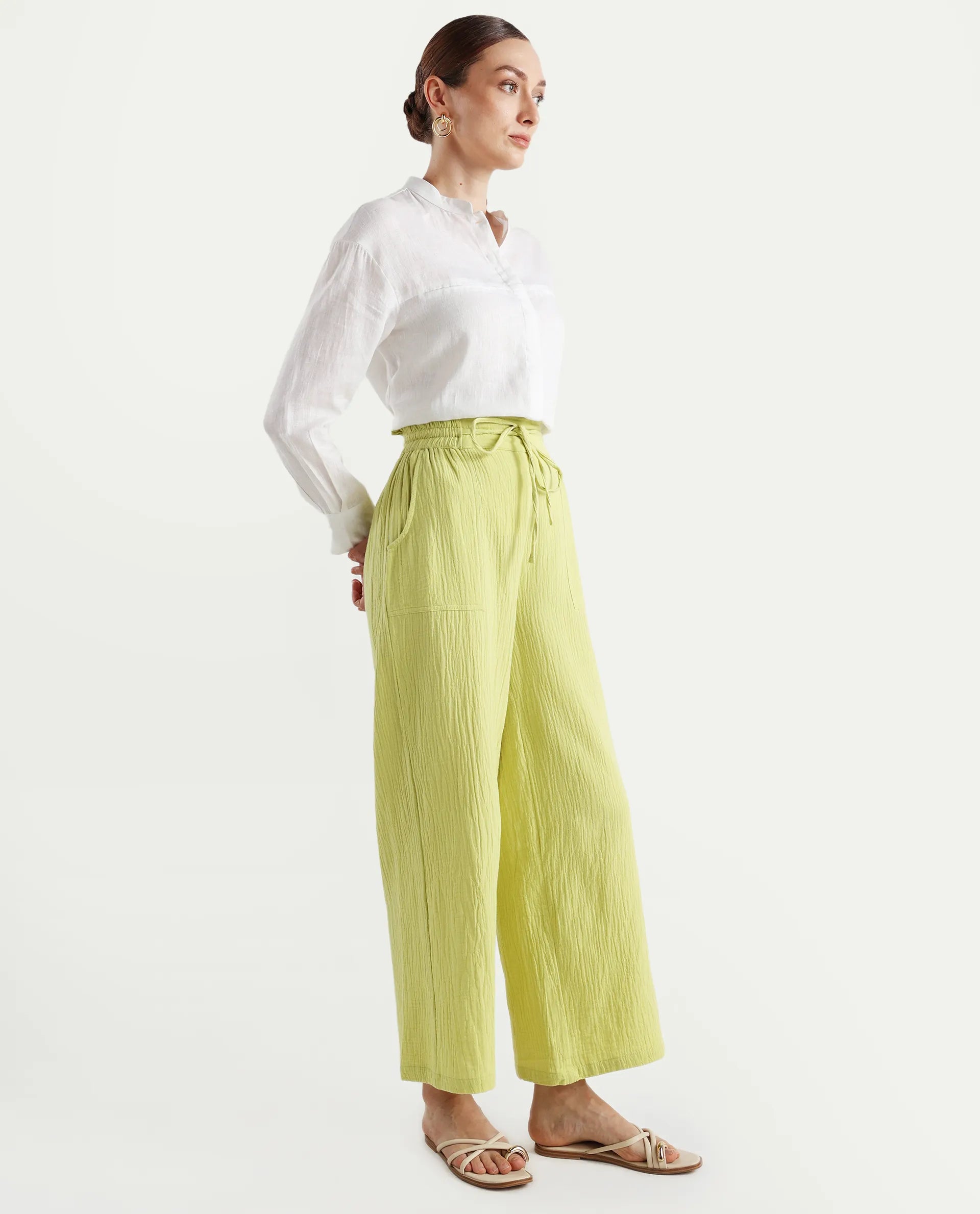 Rareism Women's Jorden B Flouroscent Cotton Blend Plain Ankle Length Wide Leg Trouser