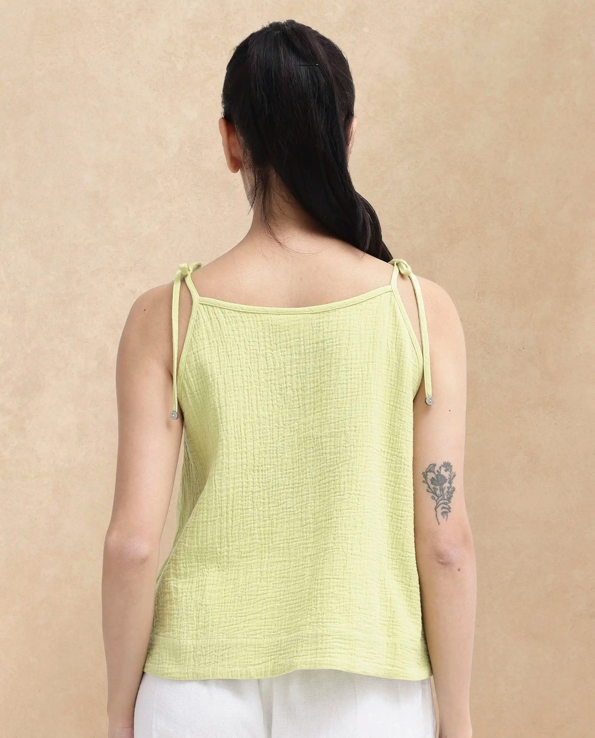 Rareism Women's Jordyn-T Flouroscent Green Cotton Blend Shoulder Strap Plain Shoulder Strap Regular Fit Top
