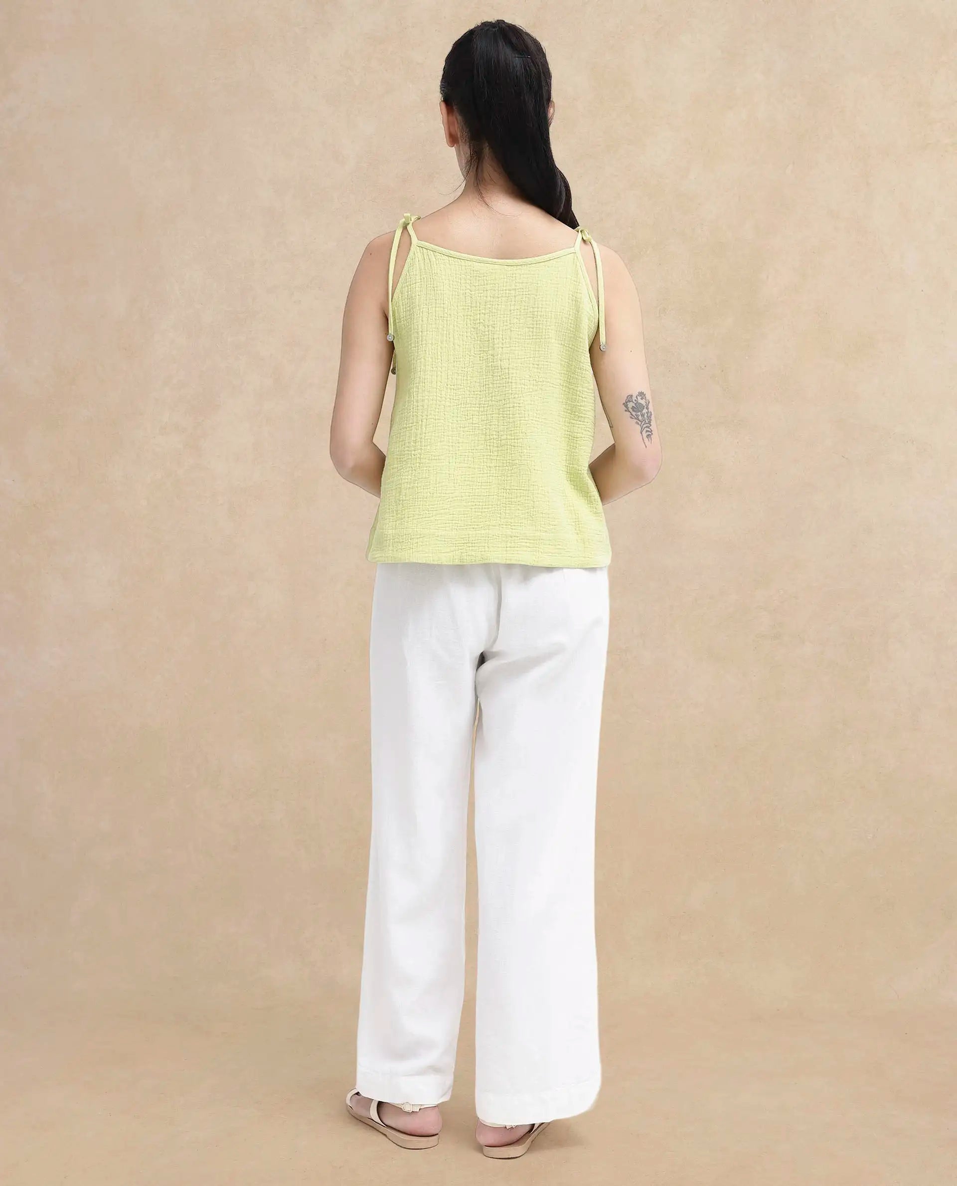 Rareism Women Jordyn-T Flouroscent Green Cotton Fabric Sleeveless Shoulder Straps Tie Up Closure Plain Top