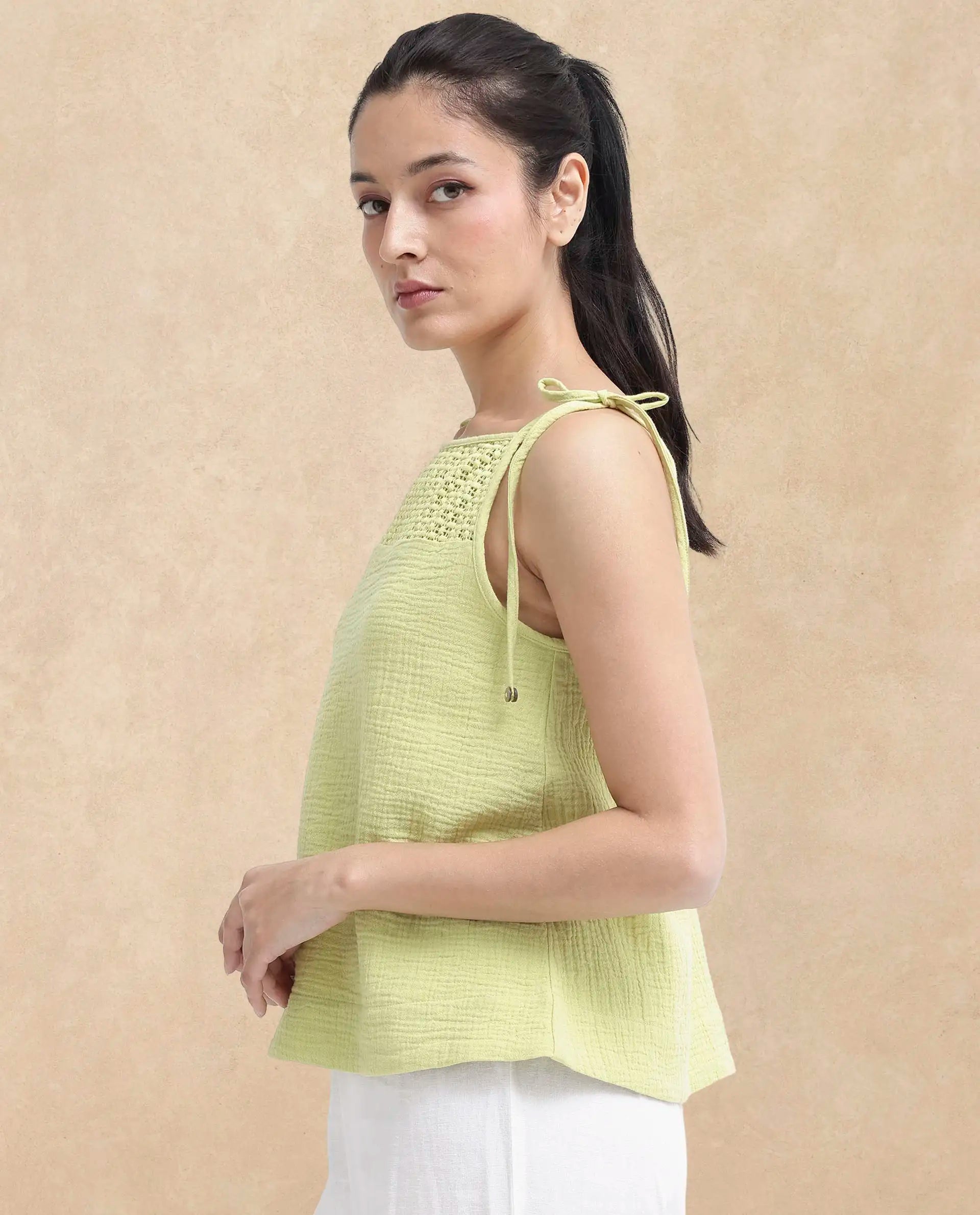 Rareism Women Jordyn-T Flouroscent Green Cotton Fabric Sleeveless Shoulder Straps Tie Up Closure Plain Top