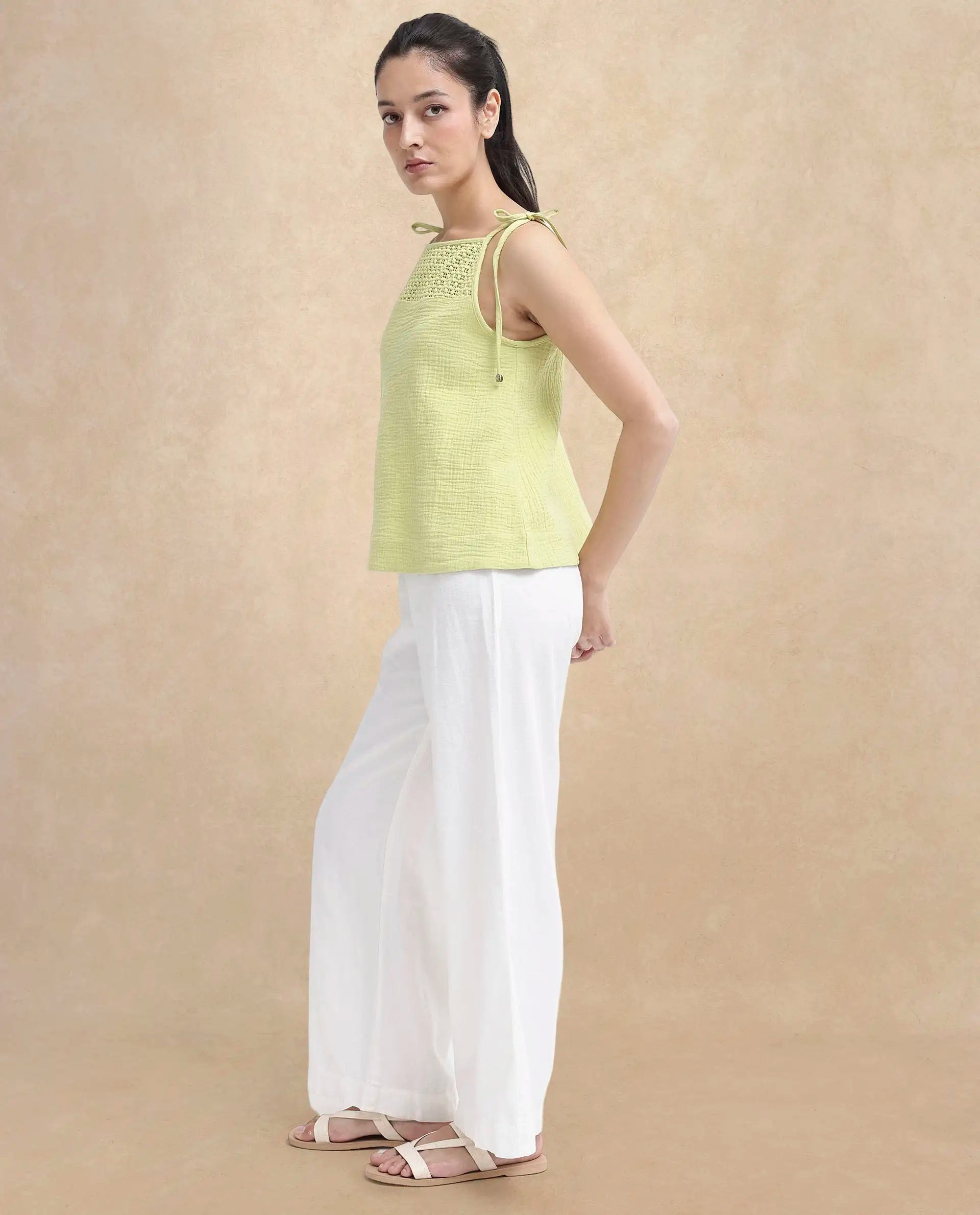 Rareism Women's Jordyn-T Flouroscent Green Cotton Blend Shoulder Strap Plain Shoulder Strap Regular Fit Top