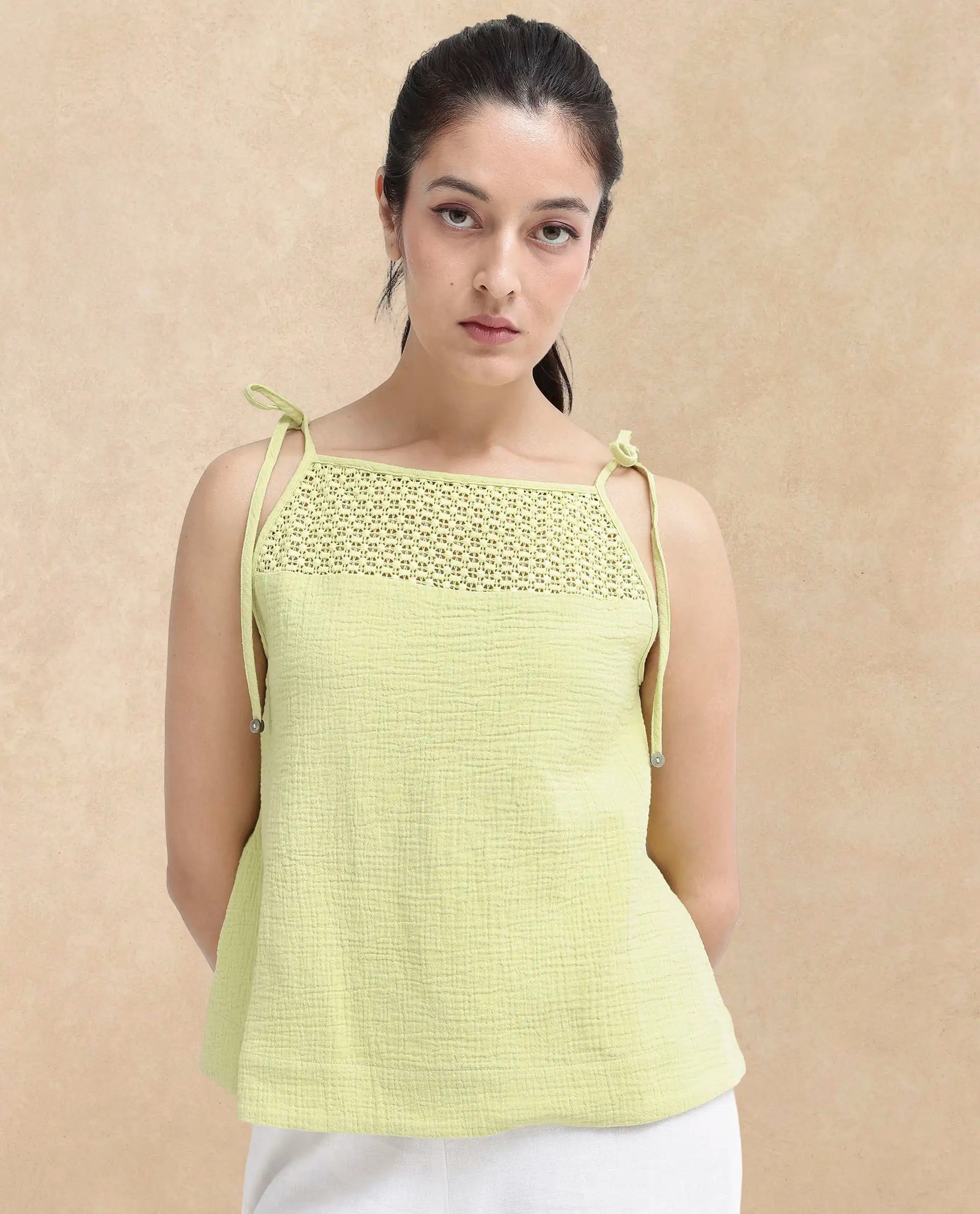 Rareism Women's Jordyn-T Flouroscent Green Cotton Blend Shoulder Strap Plain Shoulder Strap Regular Fit Top