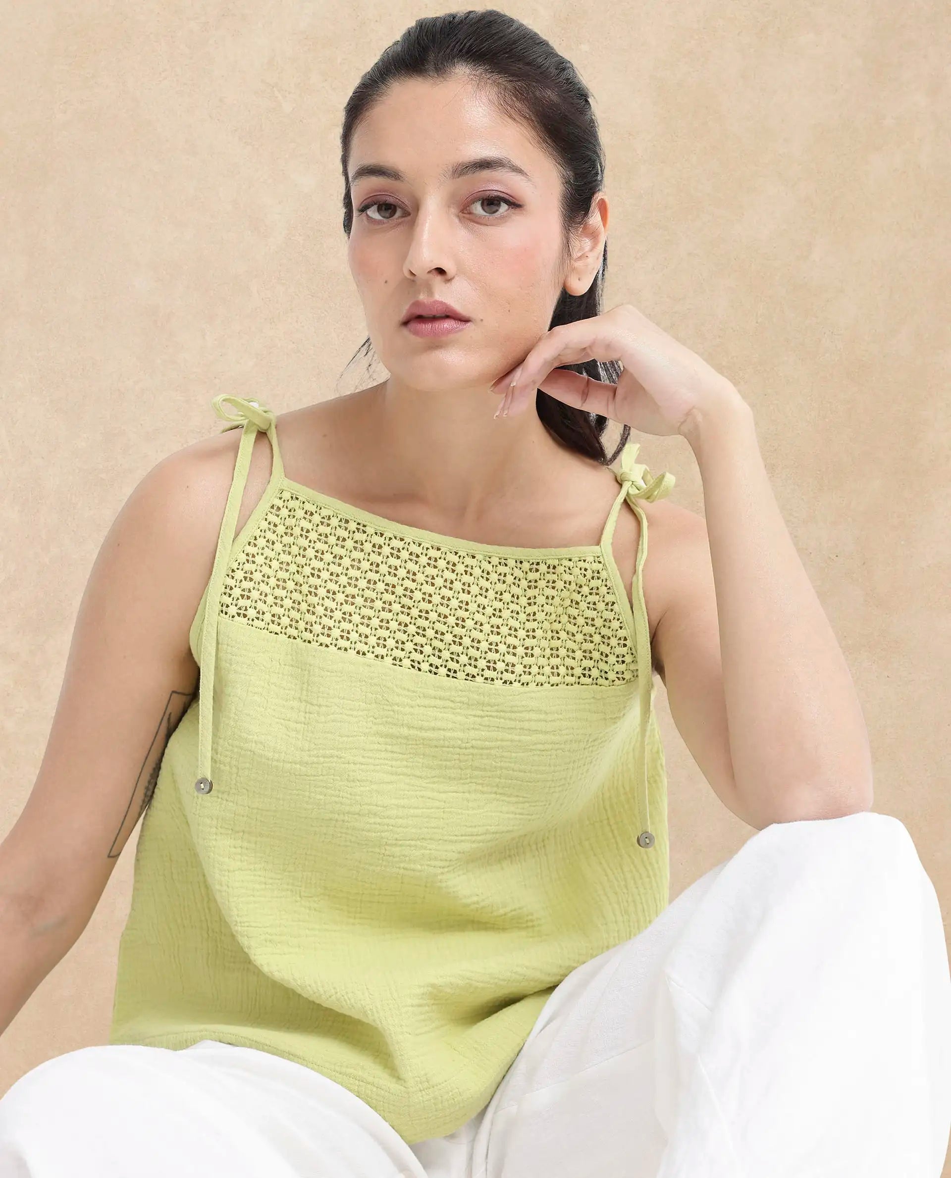 Rareism Women Jordyn-T Flouroscent Green Cotton Fabric Sleeveless Shoulder Straps Tie Up Closure Plain Top