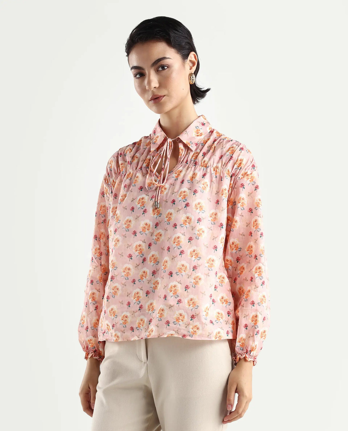 Rareism Women's Joyce Pink Cotton Spread Collar Floral Print Regular Fit Top