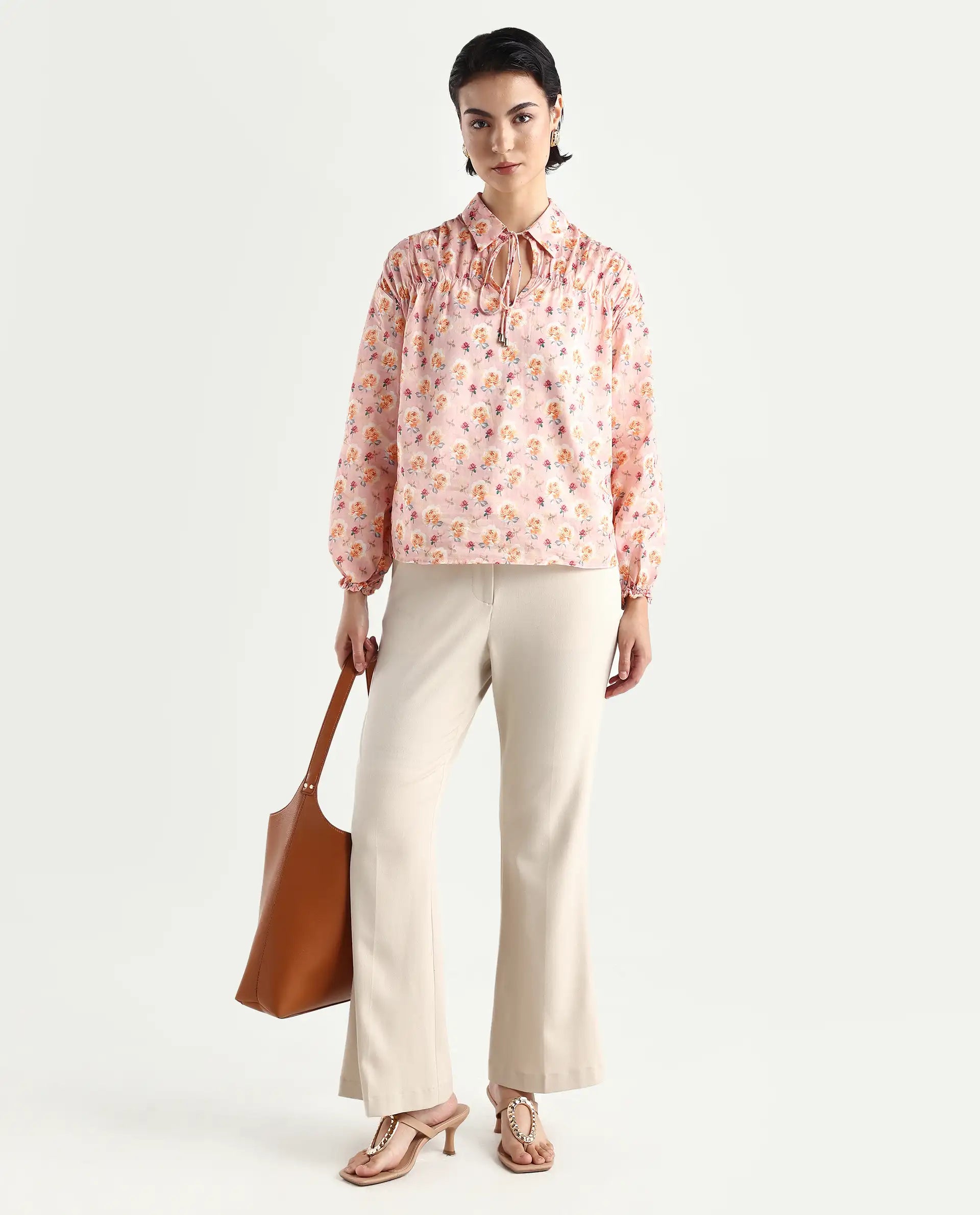 Rareism Women's Joyce Pink Cotton Spread Collar Floral Print Regular Fit Top