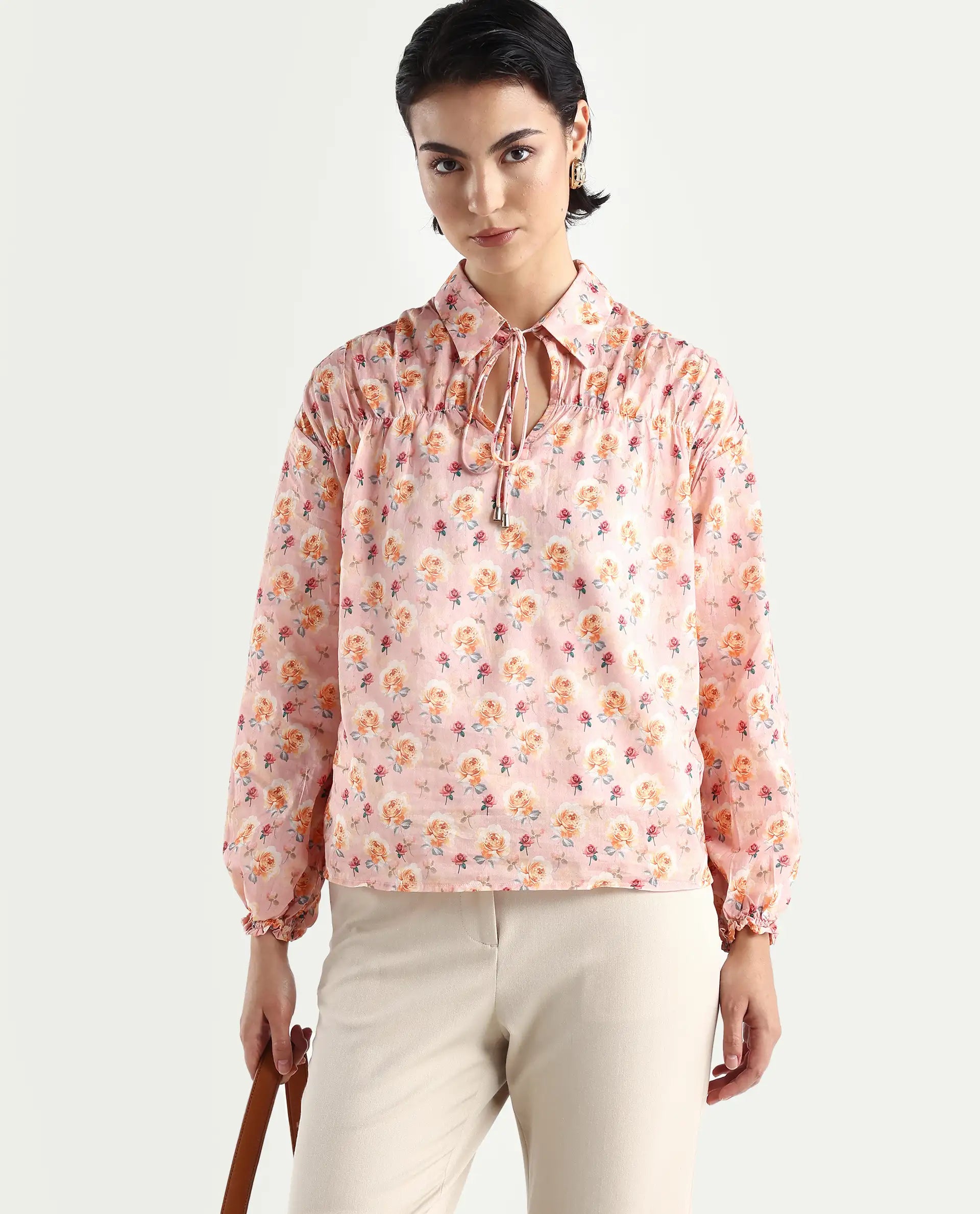 Rareism Women's Joyce Pink Cotton Spread Collar Floral Print Regular Fit Top