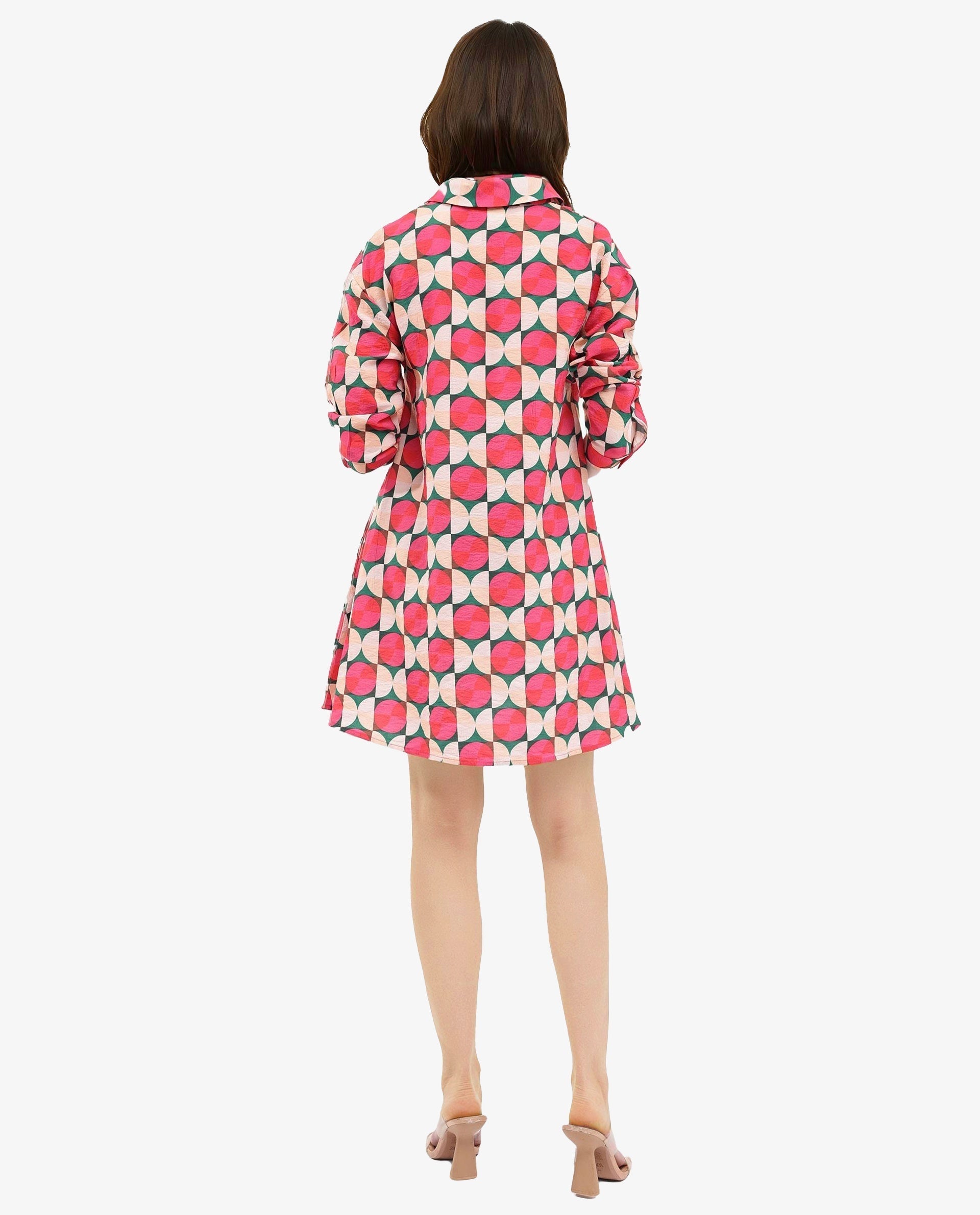 Rareism Women's Judeth Multi Drop Collar Button Closure Cuffed Sleeve Geometric Print A-Line Mini Dress