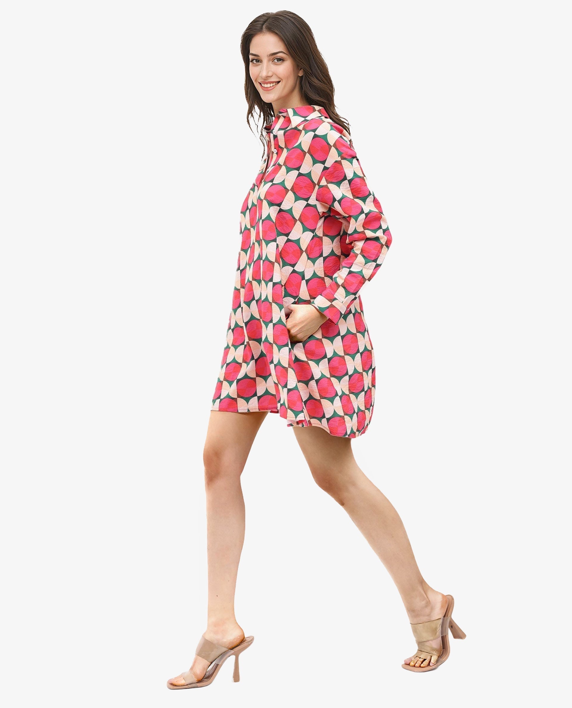 Rareism Women's Judeth Multi Drop Collar Button Closure Cuffed Sleeve Geometric Print A-Line Mini Dress