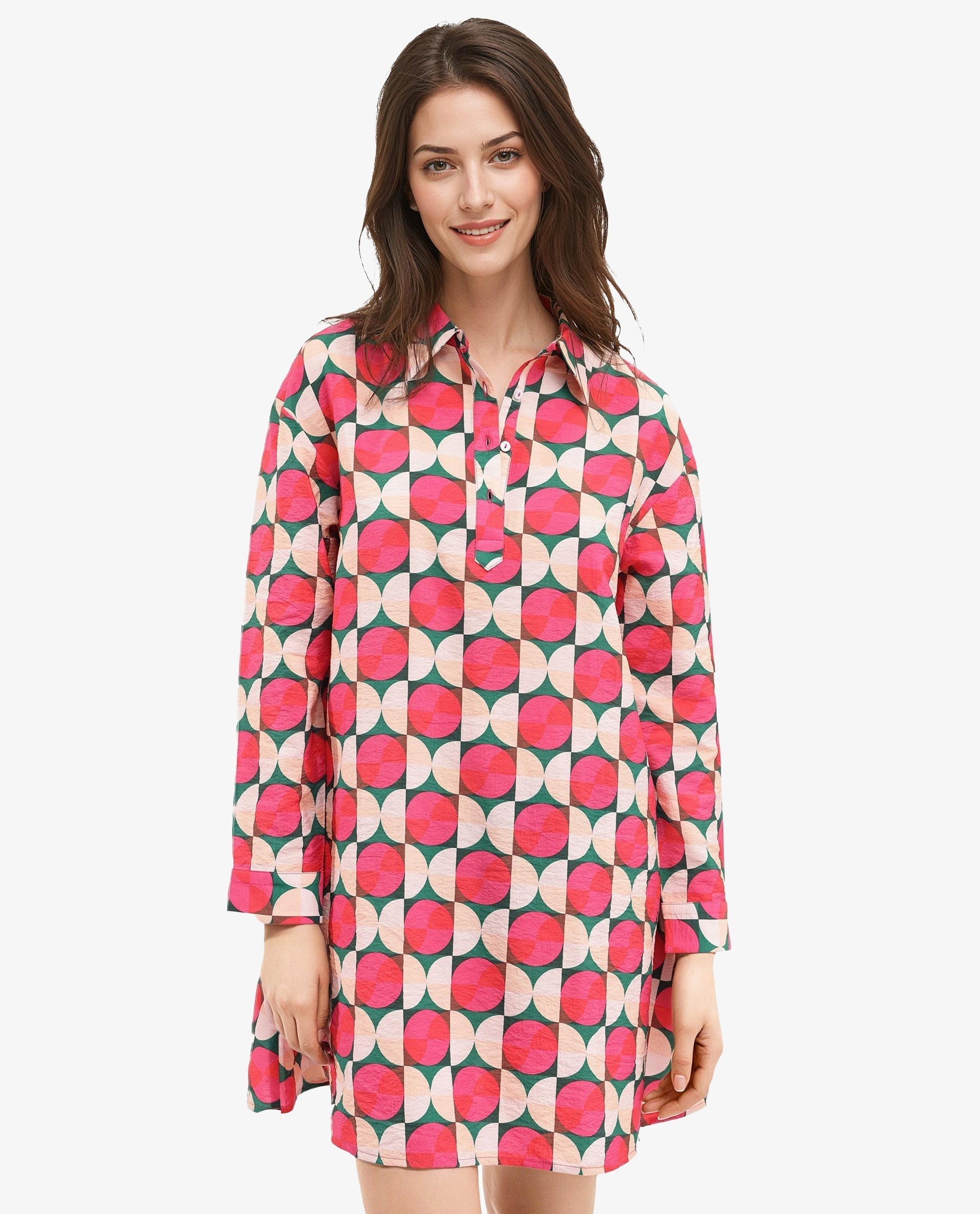 Rareism Women's Judeth Multi Drop Collar Button Closure Cuffed Sleeve Geometric Print A-Line Mini Dress