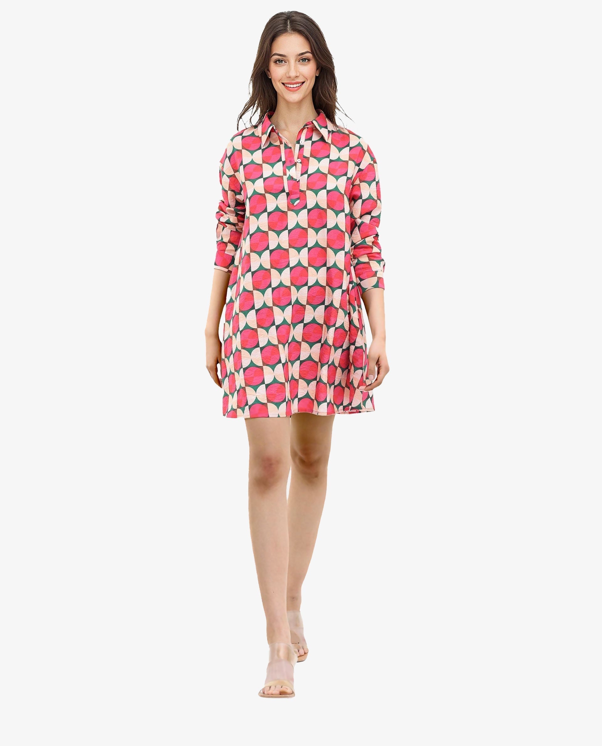 Rareism Women's Judeth Multi Drop Collar Button Closure Cuffed Sleeve Geometric Print A-Line Mini Dress
